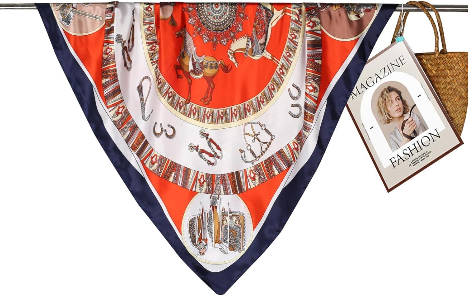 imageEXTREE Womens 35 inch Fashion Headscarf Silk Satin Scarf for Hair Wrapping at Night Bandana Square Scarf for SleepingJewel Horse