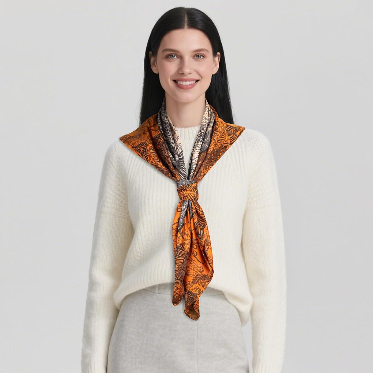 imageEXTREE Womens 35 inch Fashion Headscarf Silk Satin Scarf for Hair Wrapping at Night Bandana Square Scarf for SleepingJungle Love Horse Orange