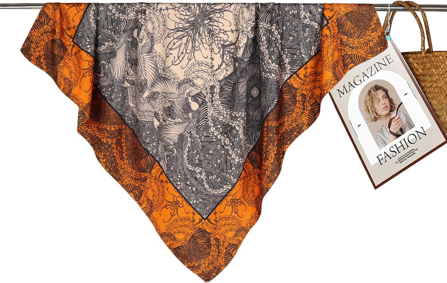 imageEXTREE Womens 35 inch Fashion Headscarf Silk Satin Scarf for Hair Wrapping at Night Bandana Square Scarf for SleepingJungle Love Horse Orange