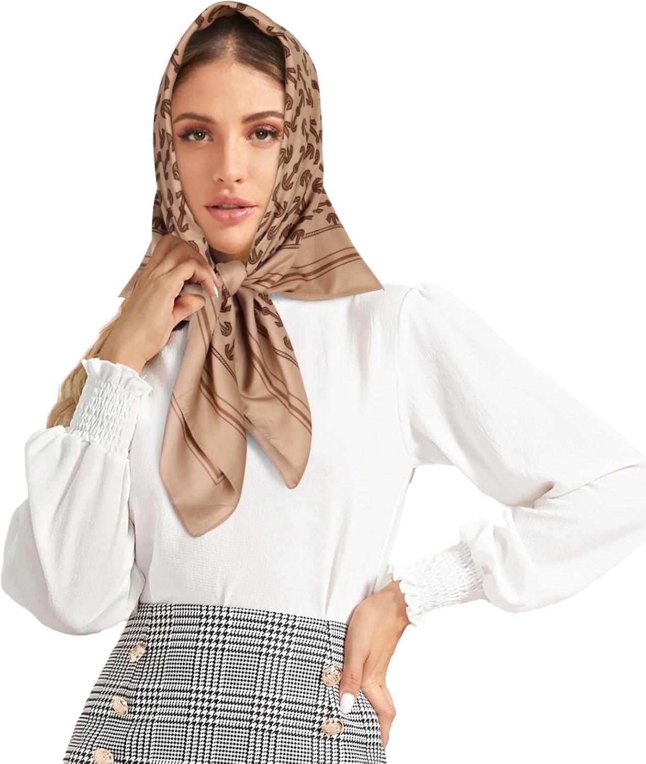 imageEXTREE Womens 35 inch Fashion Headscarf Silk Satin Scarf for Hair Wrapping at Night Bandana Square Scarf for SleepingKhaki