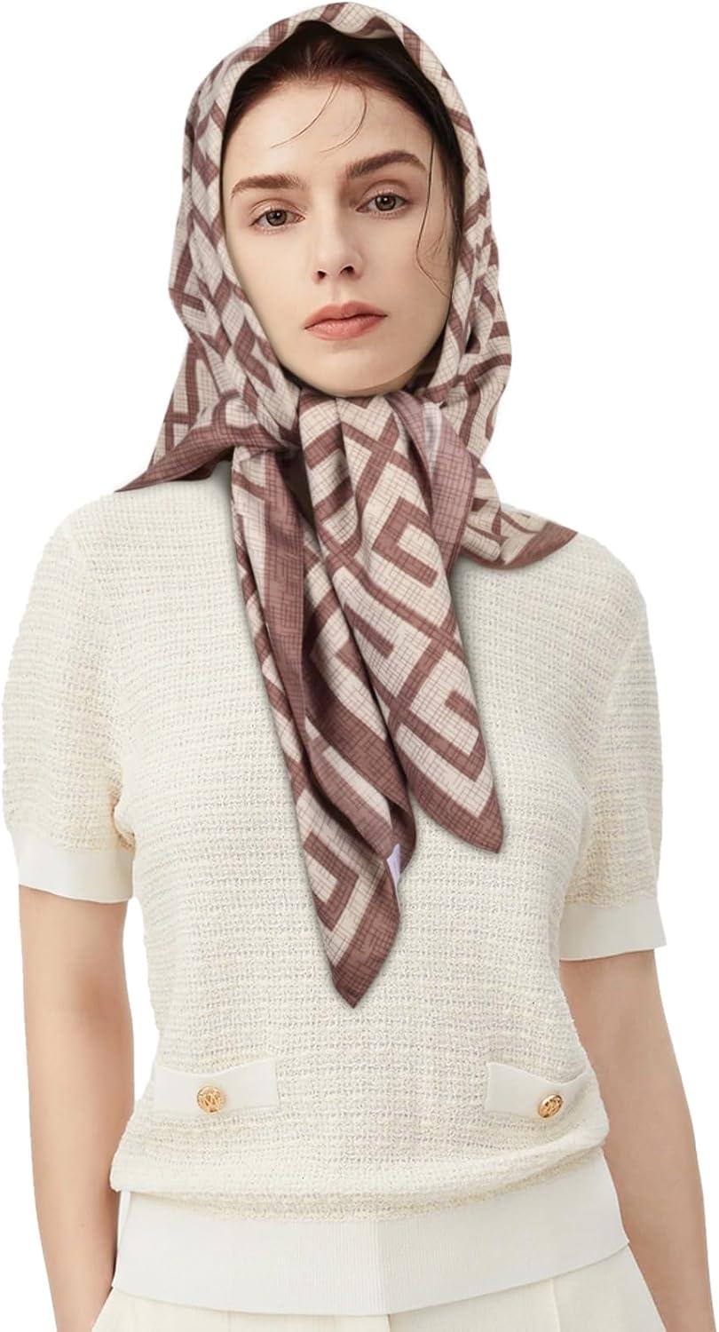 imageEXTREE Womens 35 inch Fashion Headscarf Silk Satin Scarf for Hair Wrapping at Night Bandana Square Scarf for SleepingKhaki Back Pattern