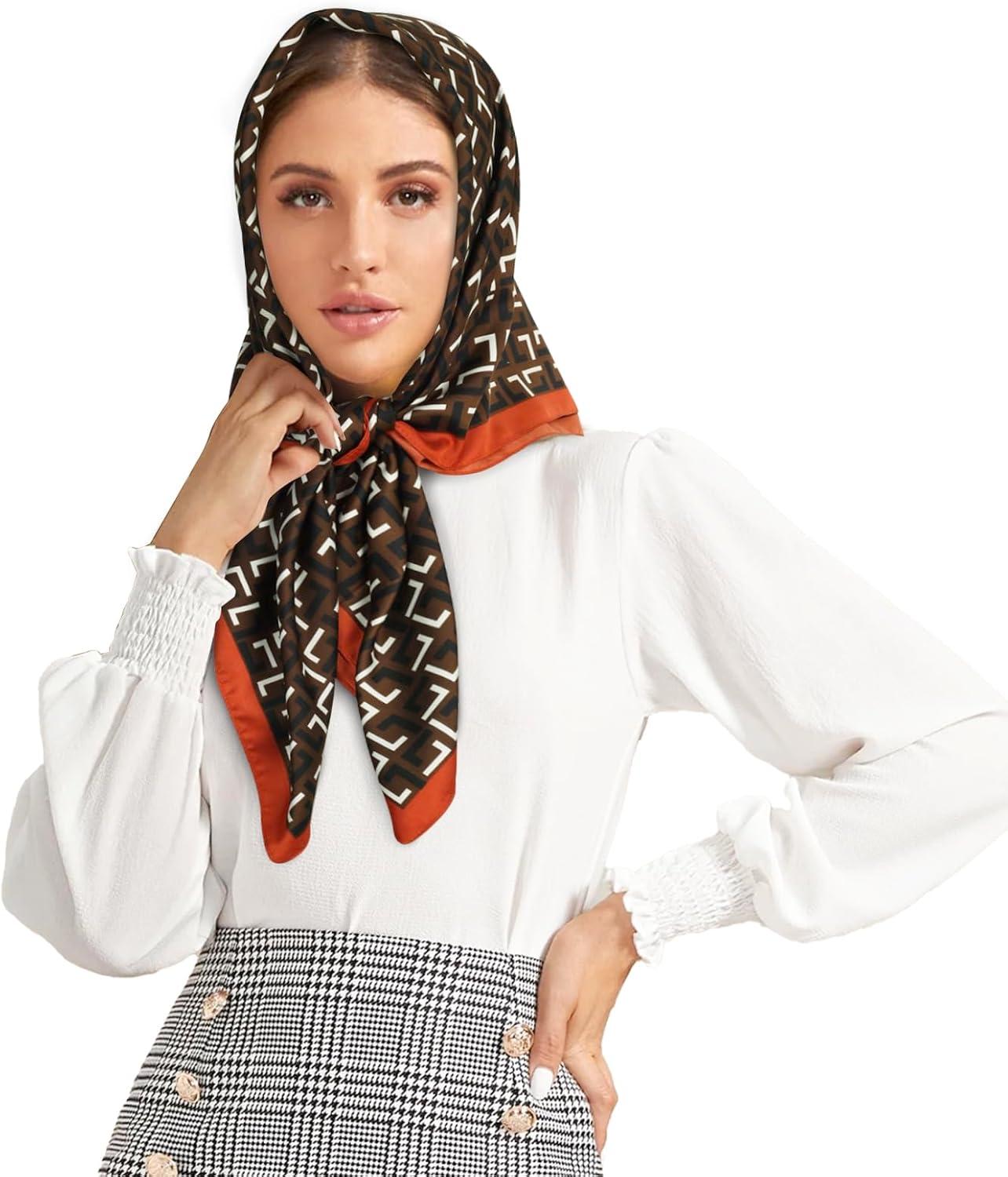 imageEXTREE Womens 35 inch Fashion Headscarf Silk Satin Scarf for Hair Wrapping at Night Bandana Square Scarf for SleepingL Pattern Coffee Color