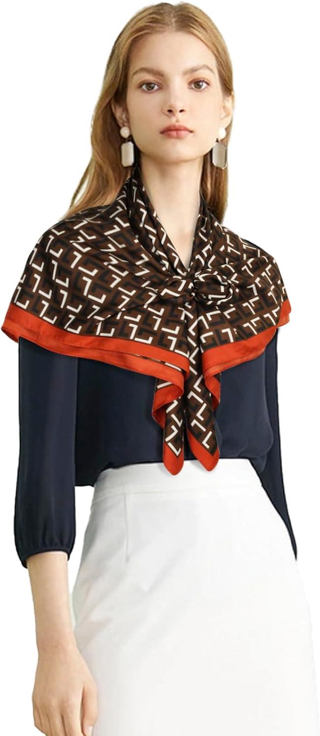 imageEXTREE Womens 35 inch Fashion Headscarf Silk Satin Scarf for Hair Wrapping at Night Bandana Square Scarf for SleepingL Pattern Coffee Color