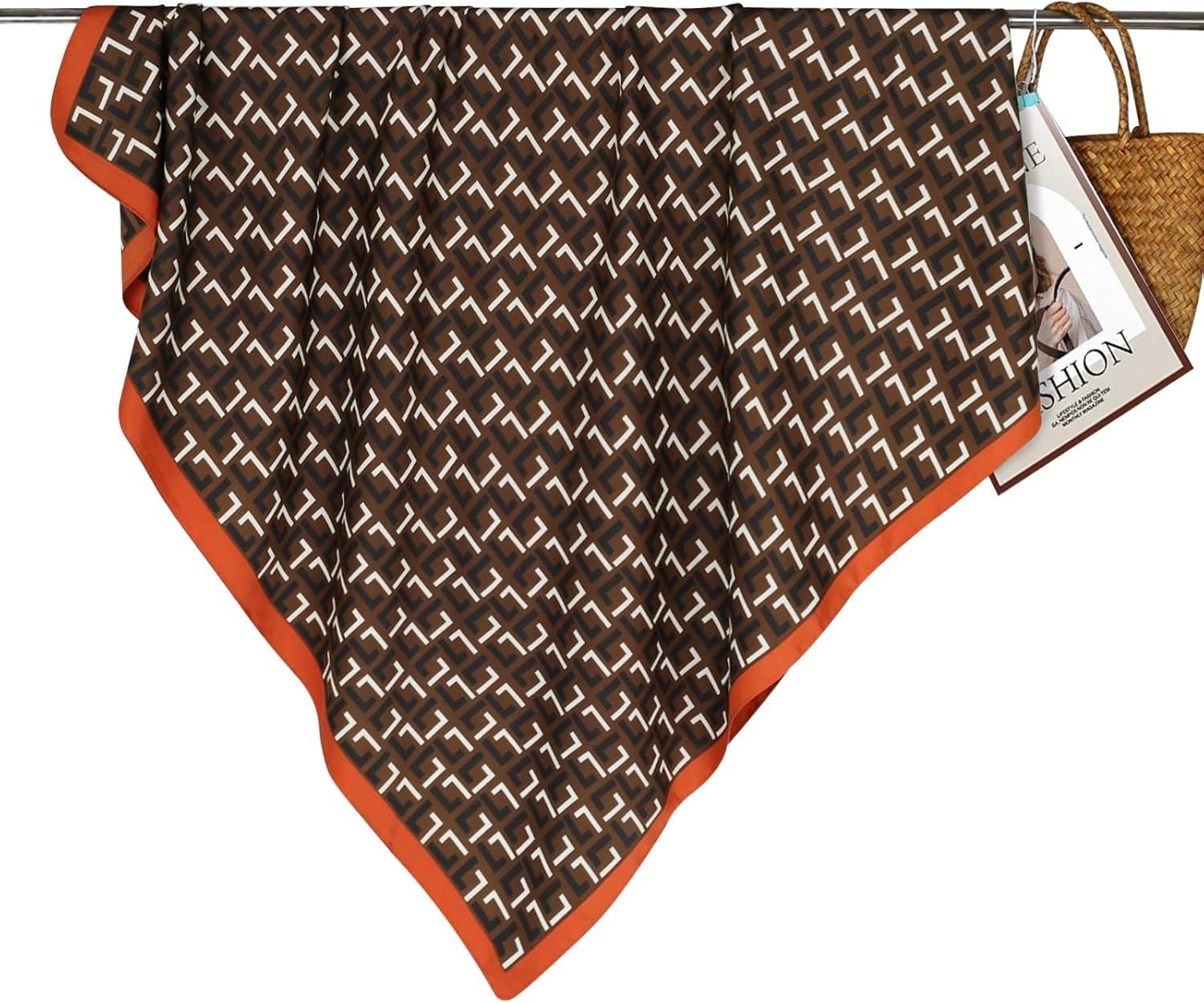 imageEXTREE Womens 35 inch Fashion Headscarf Silk Satin Scarf for Hair Wrapping at Night Bandana Square Scarf for SleepingL Pattern Coffee Color