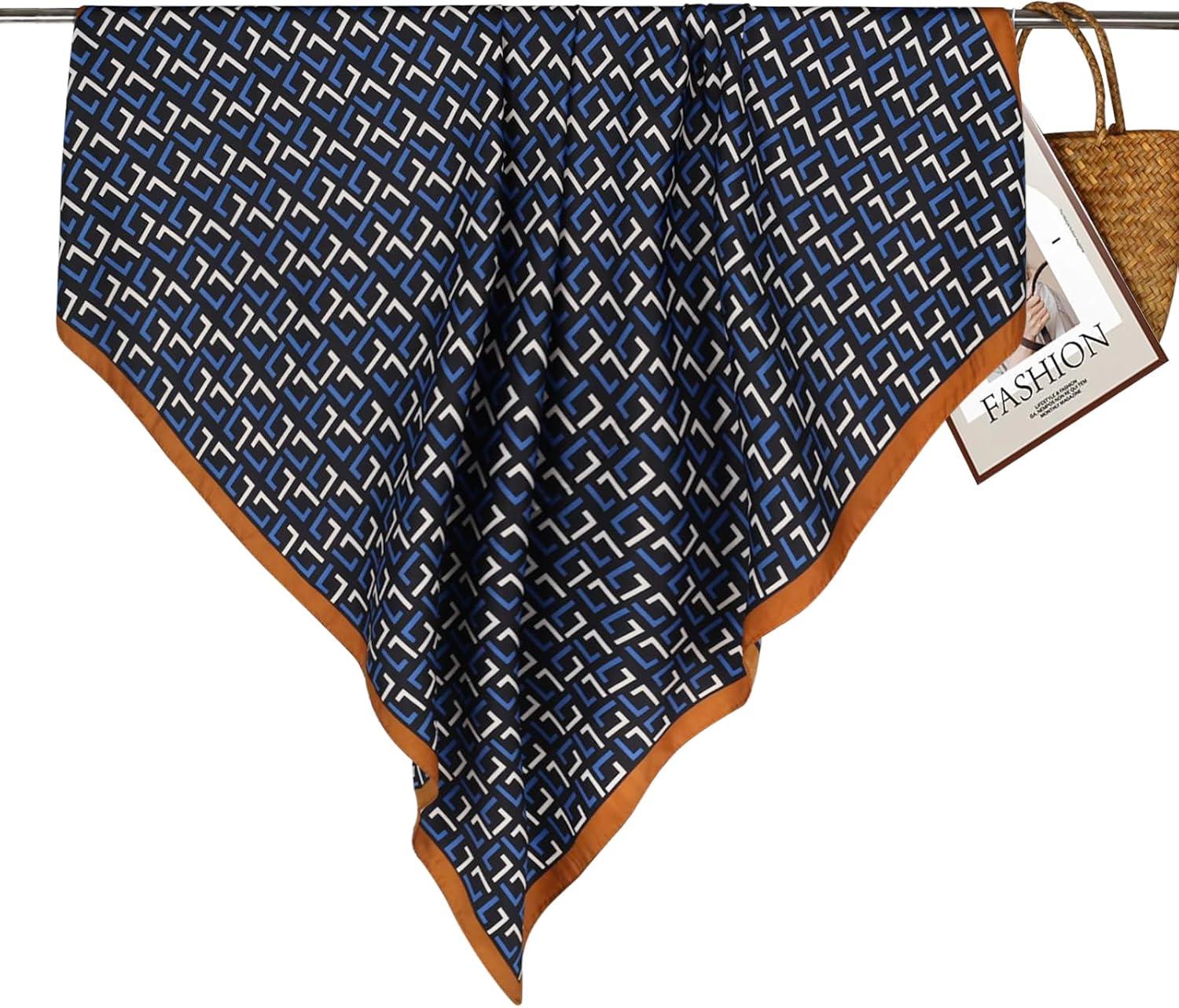 imageEXTREE Womens 35 inch Fashion Headscarf Silk Satin Scarf for Hair Wrapping at Night Bandana Square Scarf for SleepingL Shaped Blue