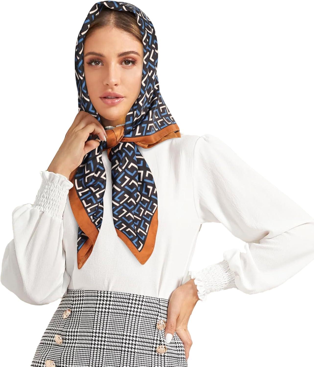 imageEXTREE Womens 35 inch Fashion Headscarf Silk Satin Scarf for Hair Wrapping at Night Bandana Square Scarf for SleepingL Shaped Blue