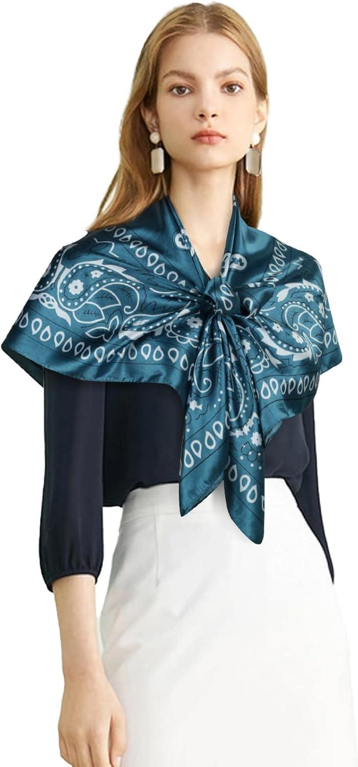 imageEXTREE Womens 35 inch Fashion Headscarf Silk Satin Scarf for Hair Wrapping at Night Bandana Square Scarf for SleepingLake Blue