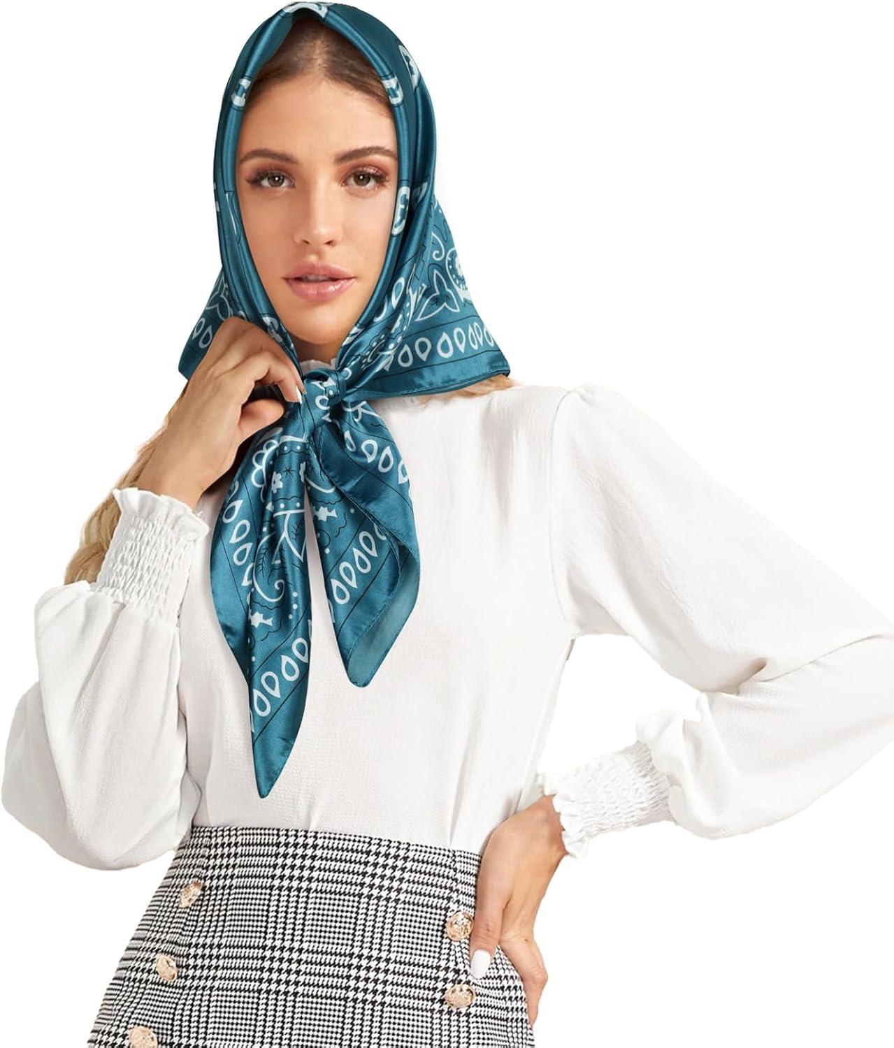 imageEXTREE Womens 35 inch Fashion Headscarf Silk Satin Scarf for Hair Wrapping at Night Bandana Square Scarf for SleepingLake Blue