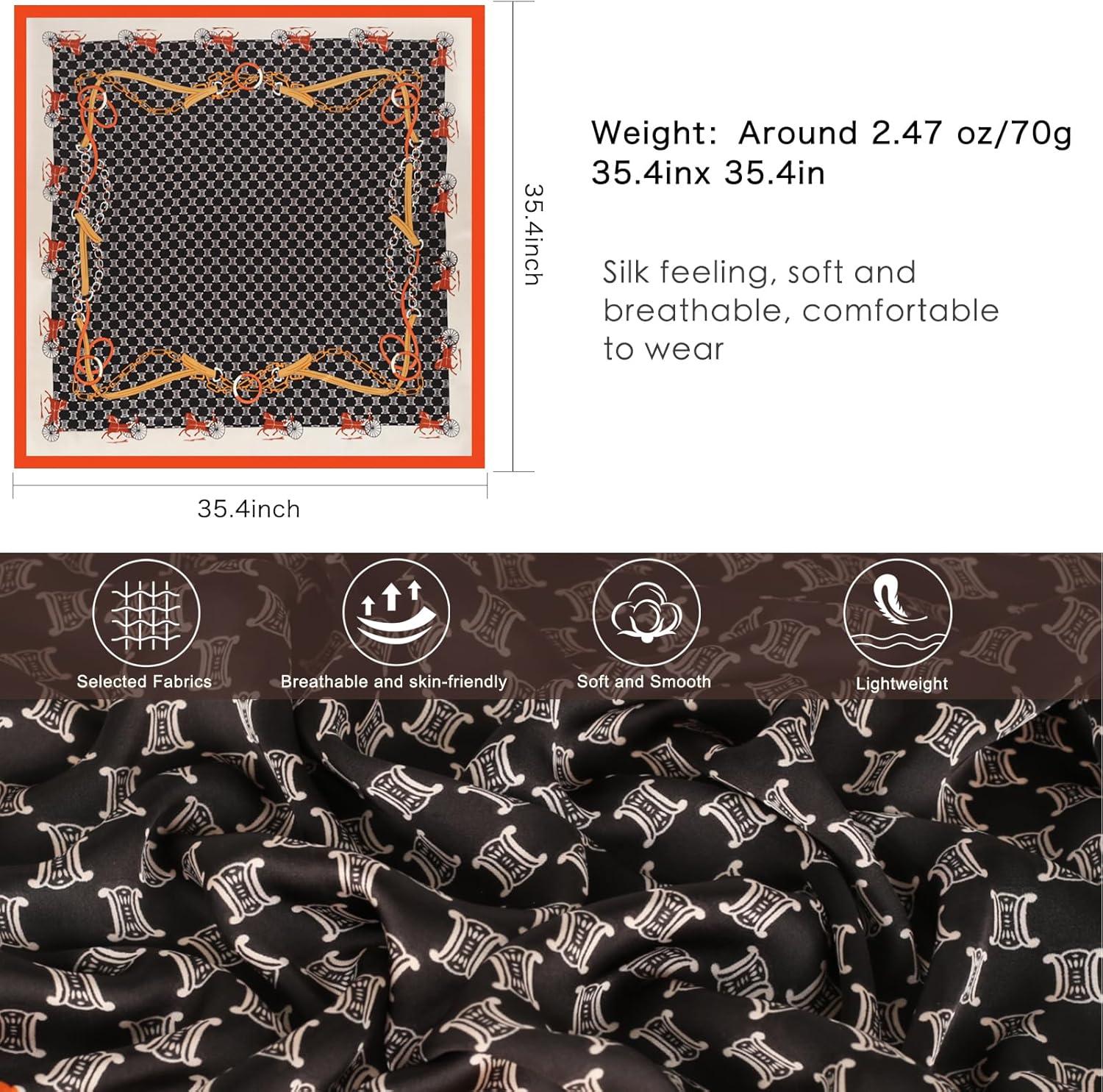 imageEXTREE Womens 35 inch Fashion Headscarf Silk Satin Scarf for Hair Wrapping at Night Bandana Square Scarf for SleepingLeather Buckle Horse Racing Orange Edge