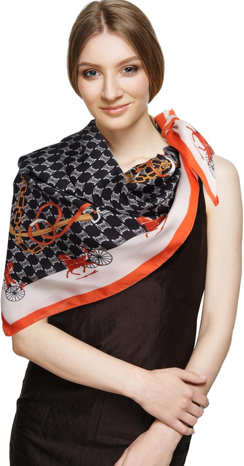 imageEXTREE Womens 35 inch Fashion Headscarf Silk Satin Scarf for Hair Wrapping at Night Bandana Square Scarf for SleepingLeather Buckle Horse Racing Orange Edge