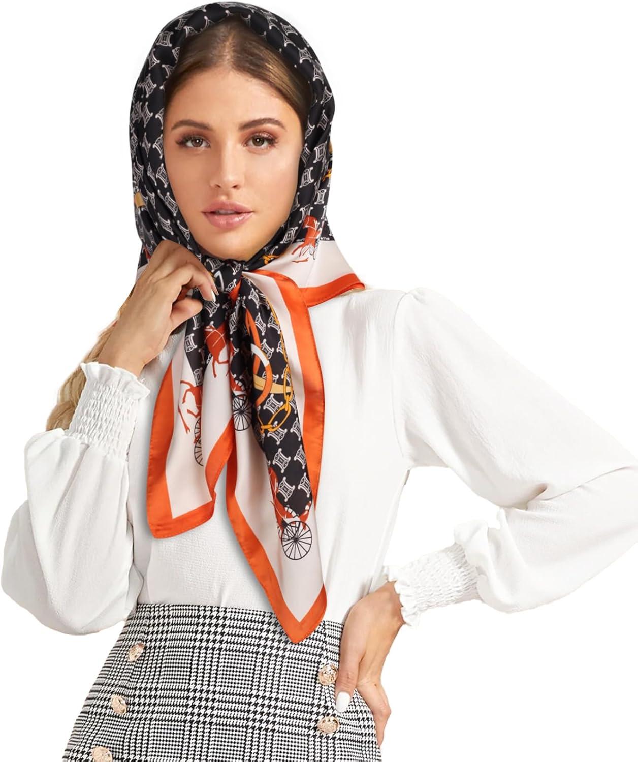 imageEXTREE Womens 35 inch Fashion Headscarf Silk Satin Scarf for Hair Wrapping at Night Bandana Square Scarf for SleepingLeather Buckle Horse Racing Orange Edge