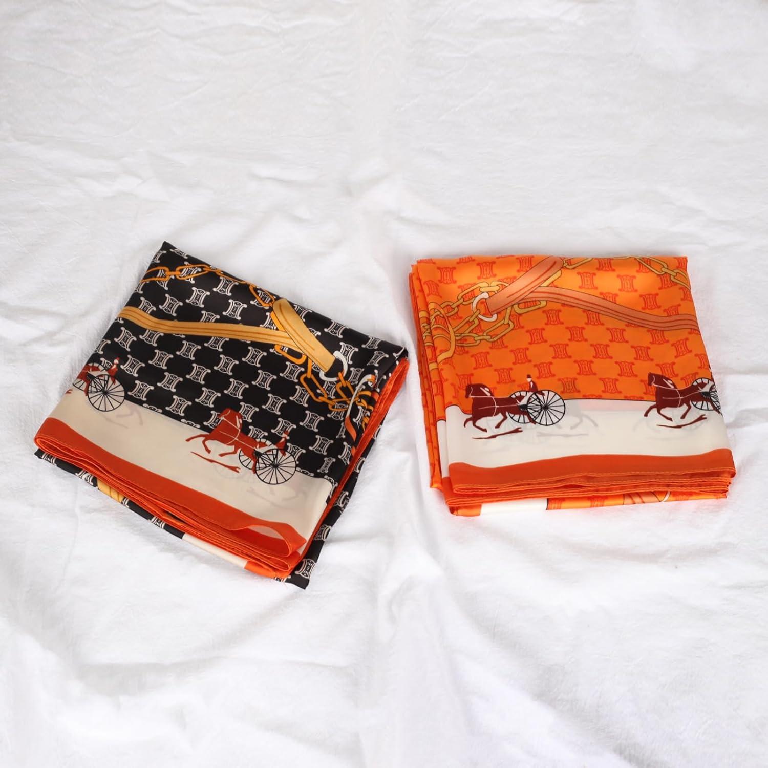 imageEXTREE Womens 35 inch Fashion Headscarf Silk Satin Scarf for Hair Wrapping at Night Bandana Square Scarf for SleepingLeather Buckle Horse Racing Orange Edge