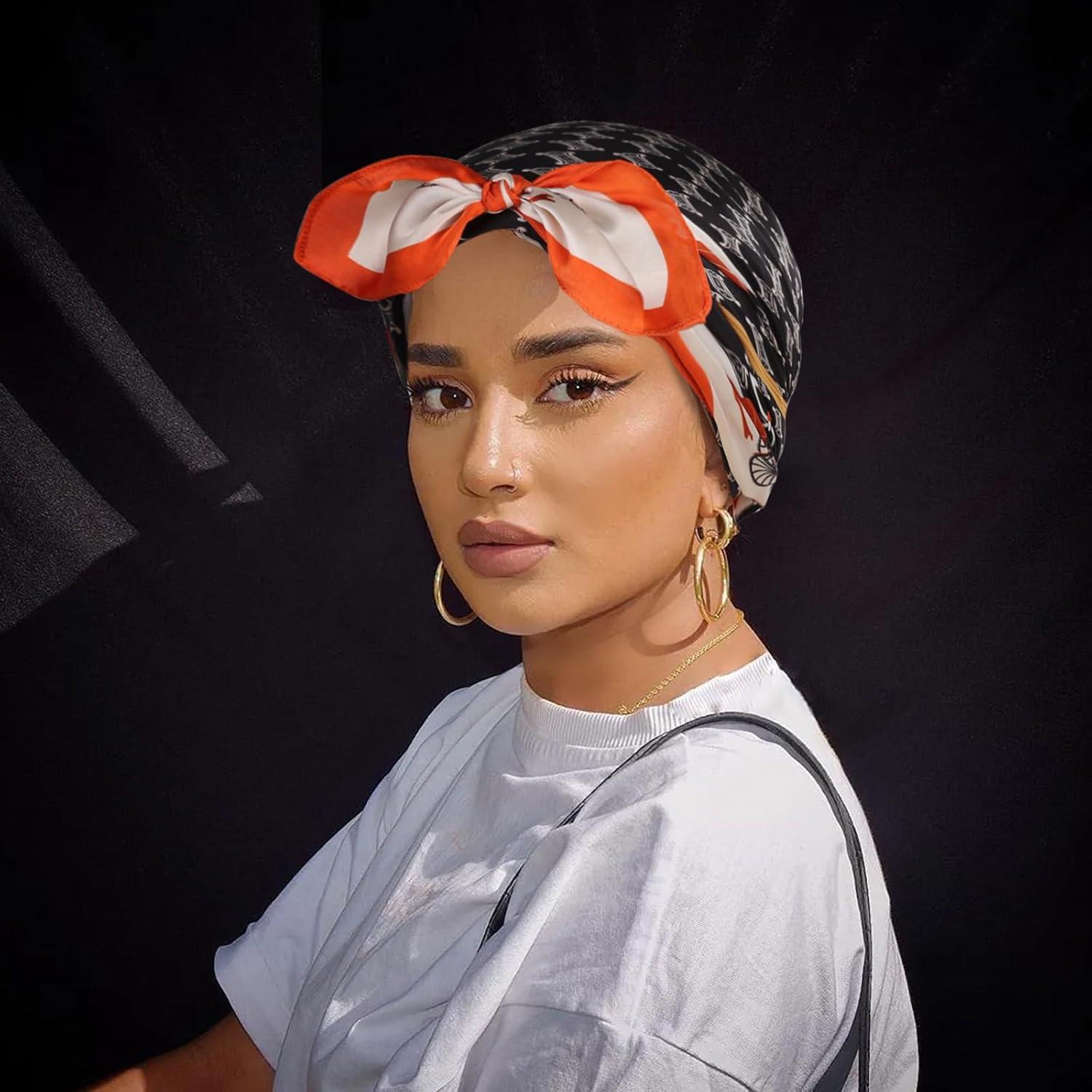 imageEXTREE Womens 35 inch Fashion Headscarf Silk Satin Scarf for Hair Wrapping at Night Bandana Square Scarf for SleepingLeather Buckle Horse Racing Orange Edge