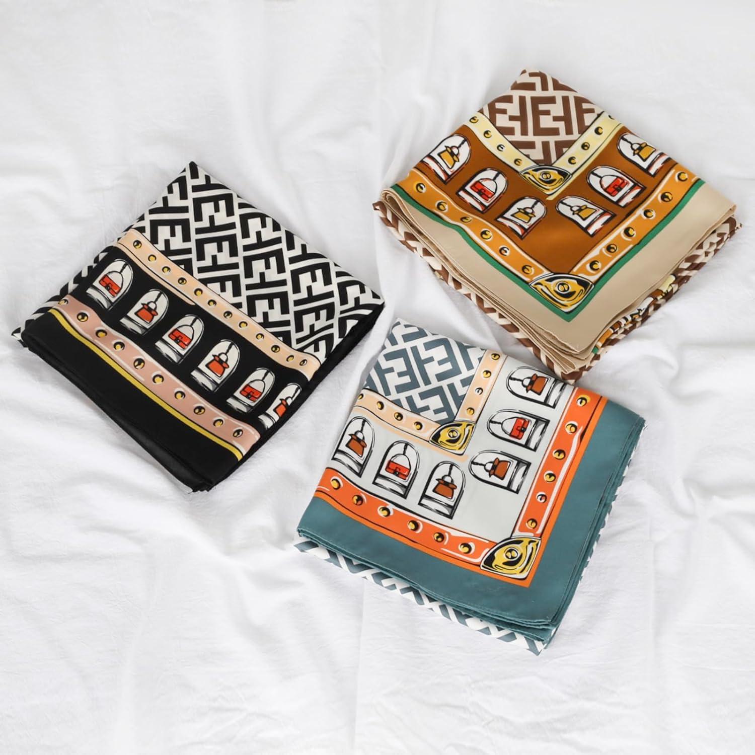 imageEXTREE Womens 35 inch Fashion Headscarf Silk Satin Scarf for Hair Wrapping at Night Bandana Square Scarf for SleepingLetter F Beige