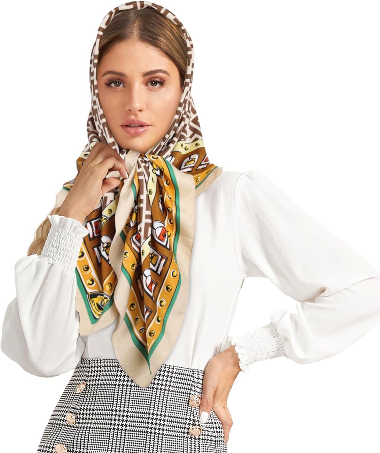 imageEXTREE Womens 35 inch Fashion Headscarf Silk Satin Scarf for Hair Wrapping at Night Bandana Square Scarf for SleepingLetter F Beige