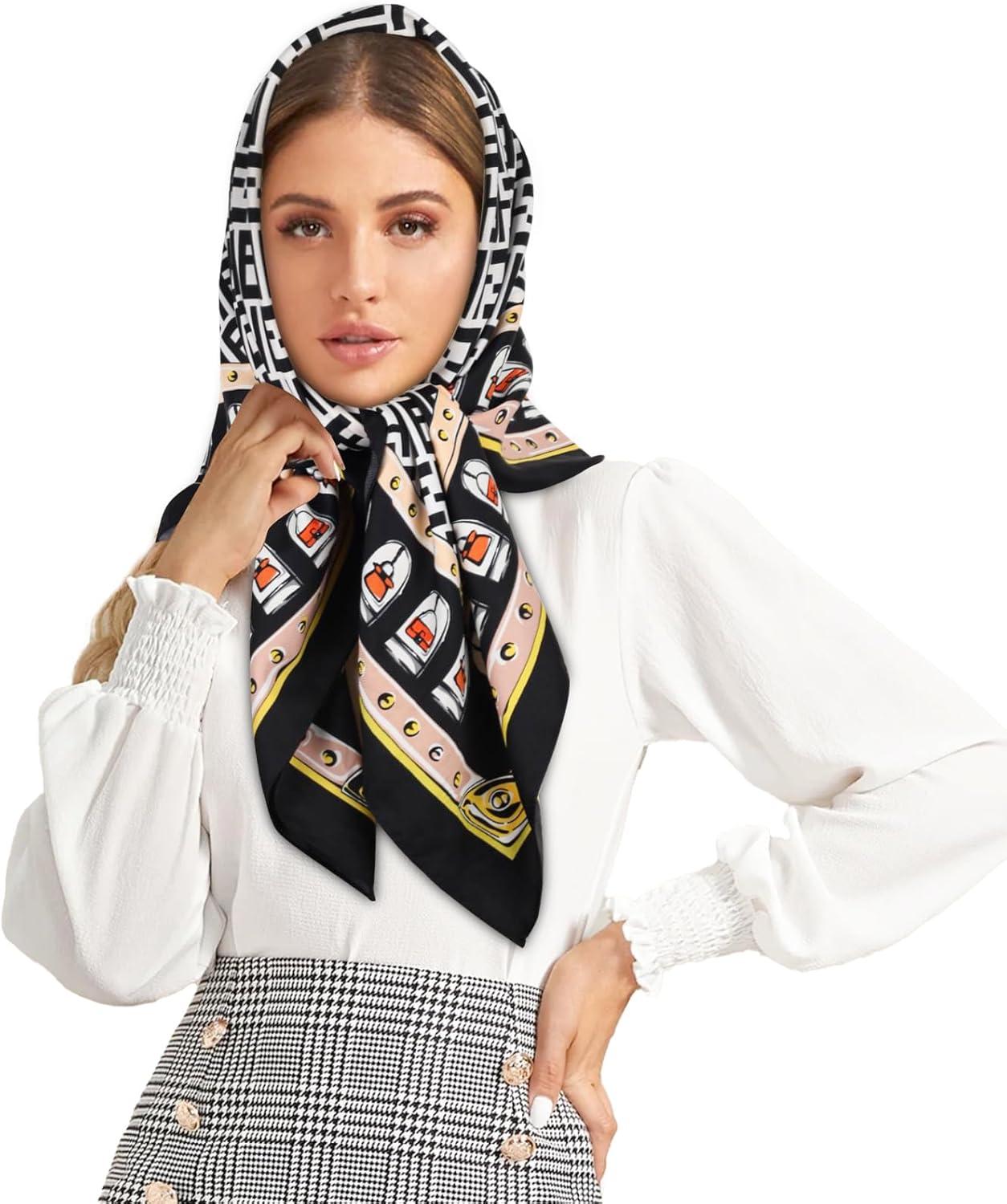 imageEXTREE Womens 35 inch Fashion Headscarf Silk Satin Scarf for Hair Wrapping at Night Bandana Square Scarf for SleepingLetter F Black