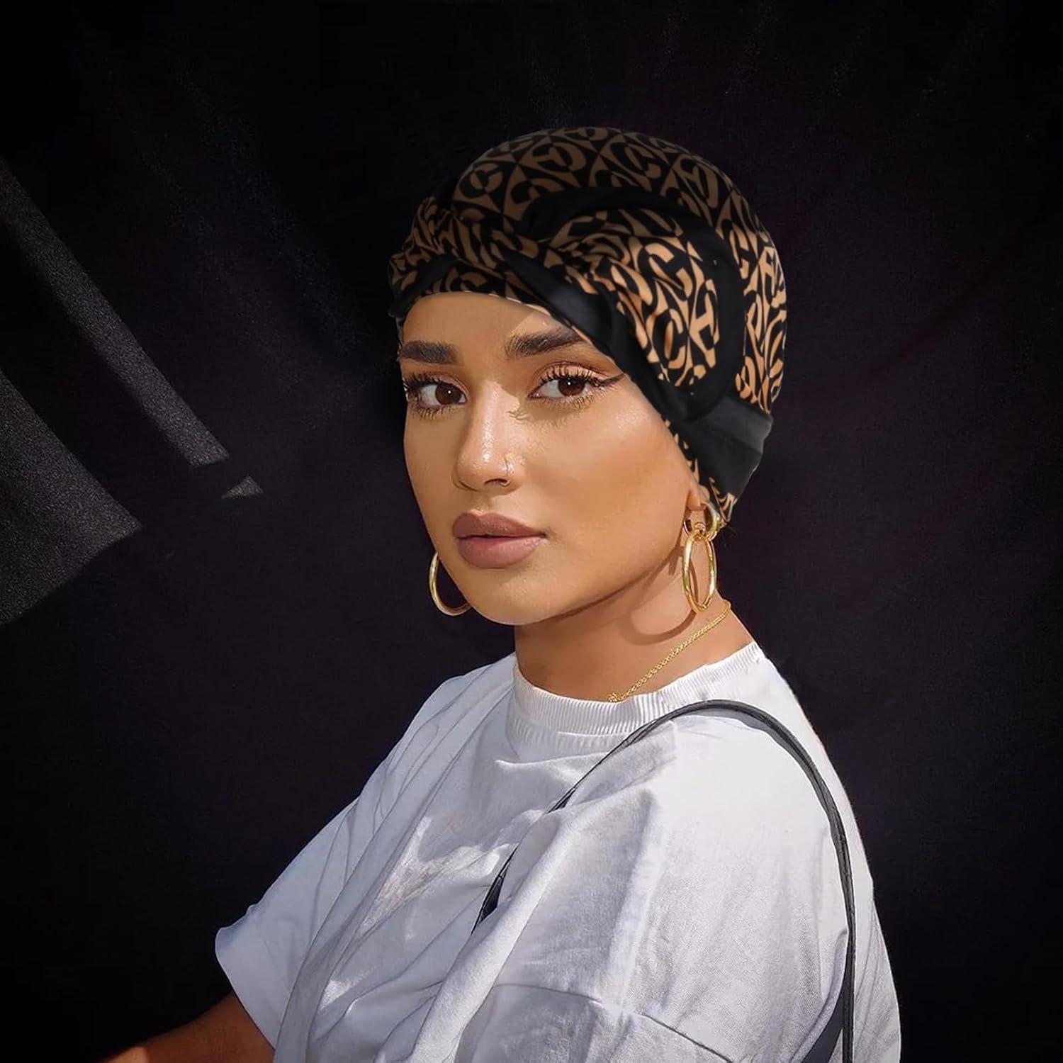 imageEXTREE Womens 35 inch Fashion Headscarf Silk Satin Scarf for Hair Wrapping at Night Bandana Square Scarf for SleepingLetters Black Gold