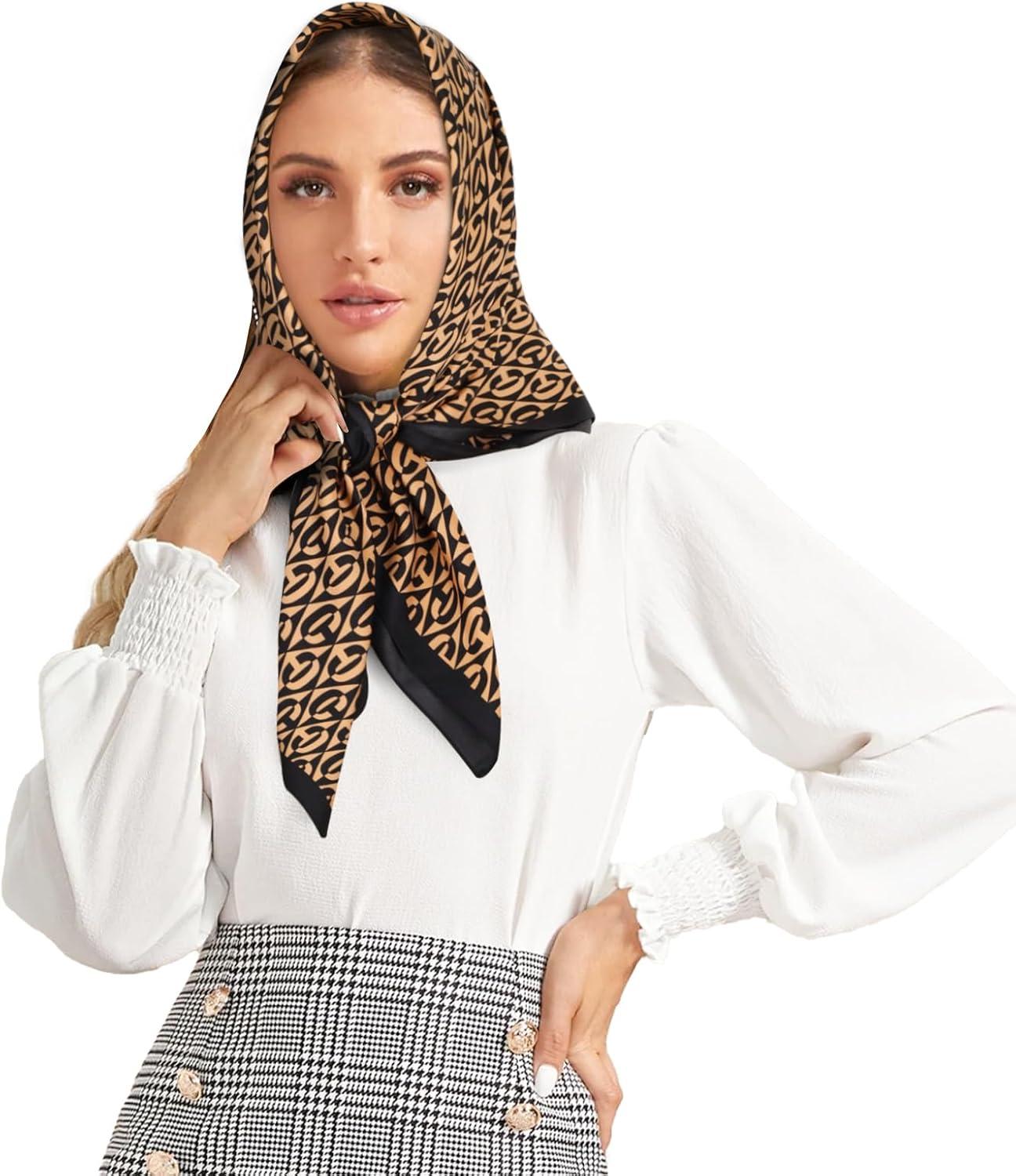 imageEXTREE Womens 35 inch Fashion Headscarf Silk Satin Scarf for Hair Wrapping at Night Bandana Square Scarf for SleepingLetters Black Gold