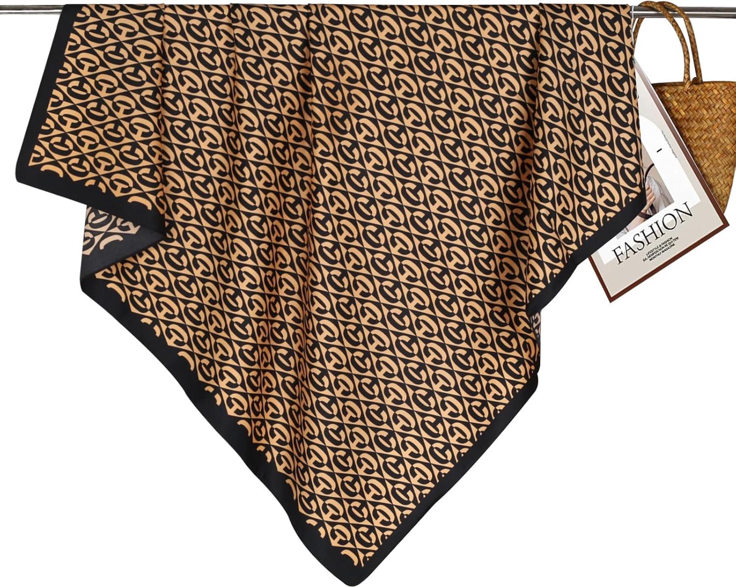 imageEXTREE Womens 35 inch Fashion Headscarf Silk Satin Scarf for Hair Wrapping at Night Bandana Square Scarf for SleepingLetters Black Gold