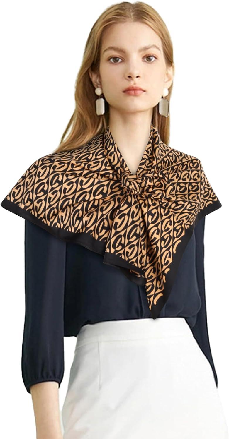 imageEXTREE Womens 35 inch Fashion Headscarf Silk Satin Scarf for Hair Wrapping at Night Bandana Square Scarf for SleepingLetters Black Gold