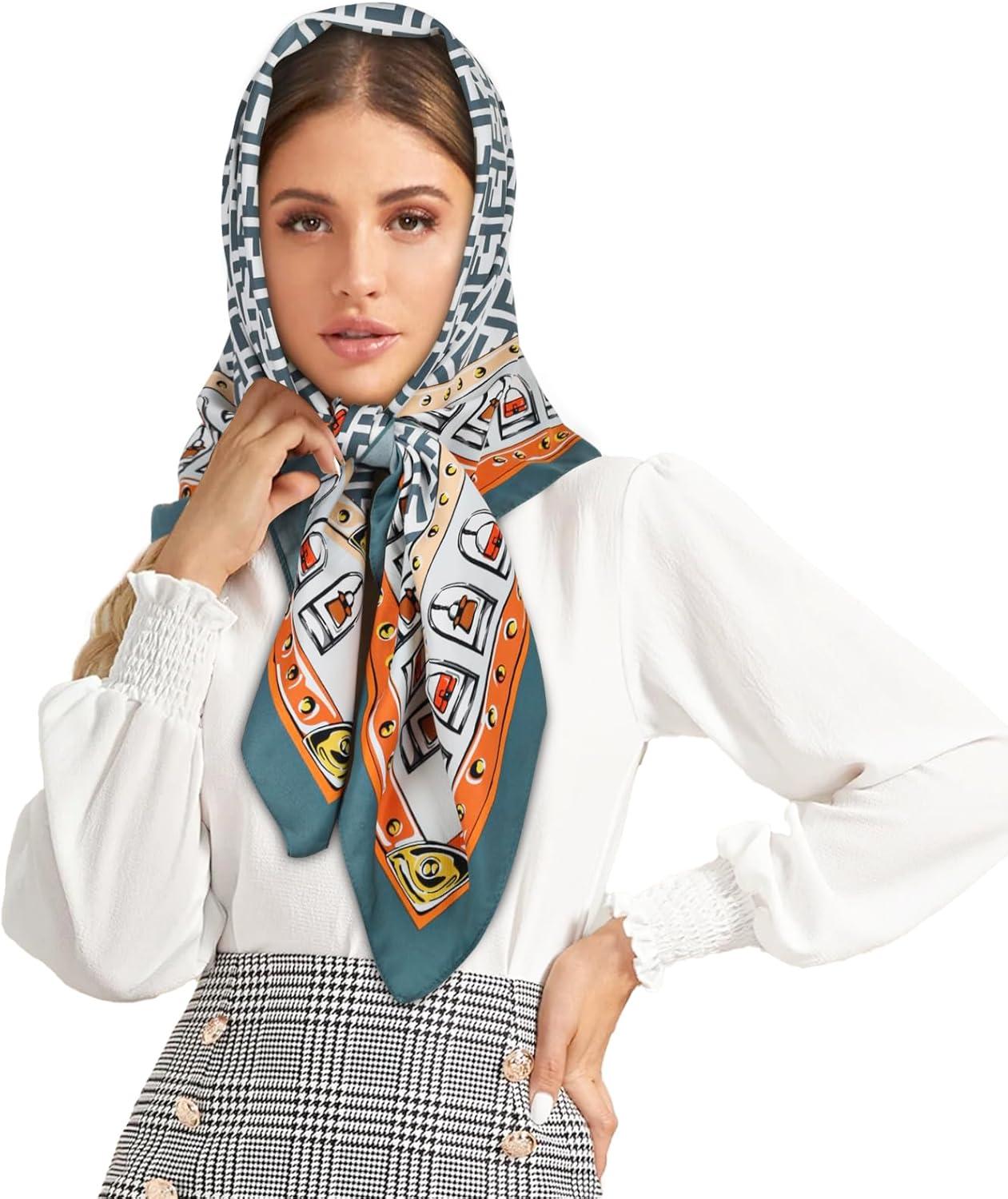 imageEXTREE Womens 35 inch Fashion Headscarf Silk Satin Scarf for Hair Wrapping at Night Bandana Square Scarf for SleepingLetters Blue Green