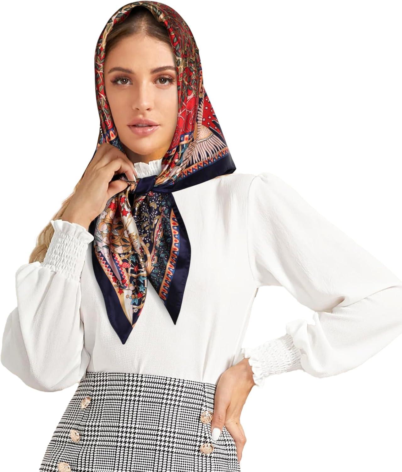 imageEXTREE Womens 35 inch Fashion Headscarf Silk Satin Scarf for Hair Wrapping at Night Bandana Square Scarf for SleepingLucky Tree Blue