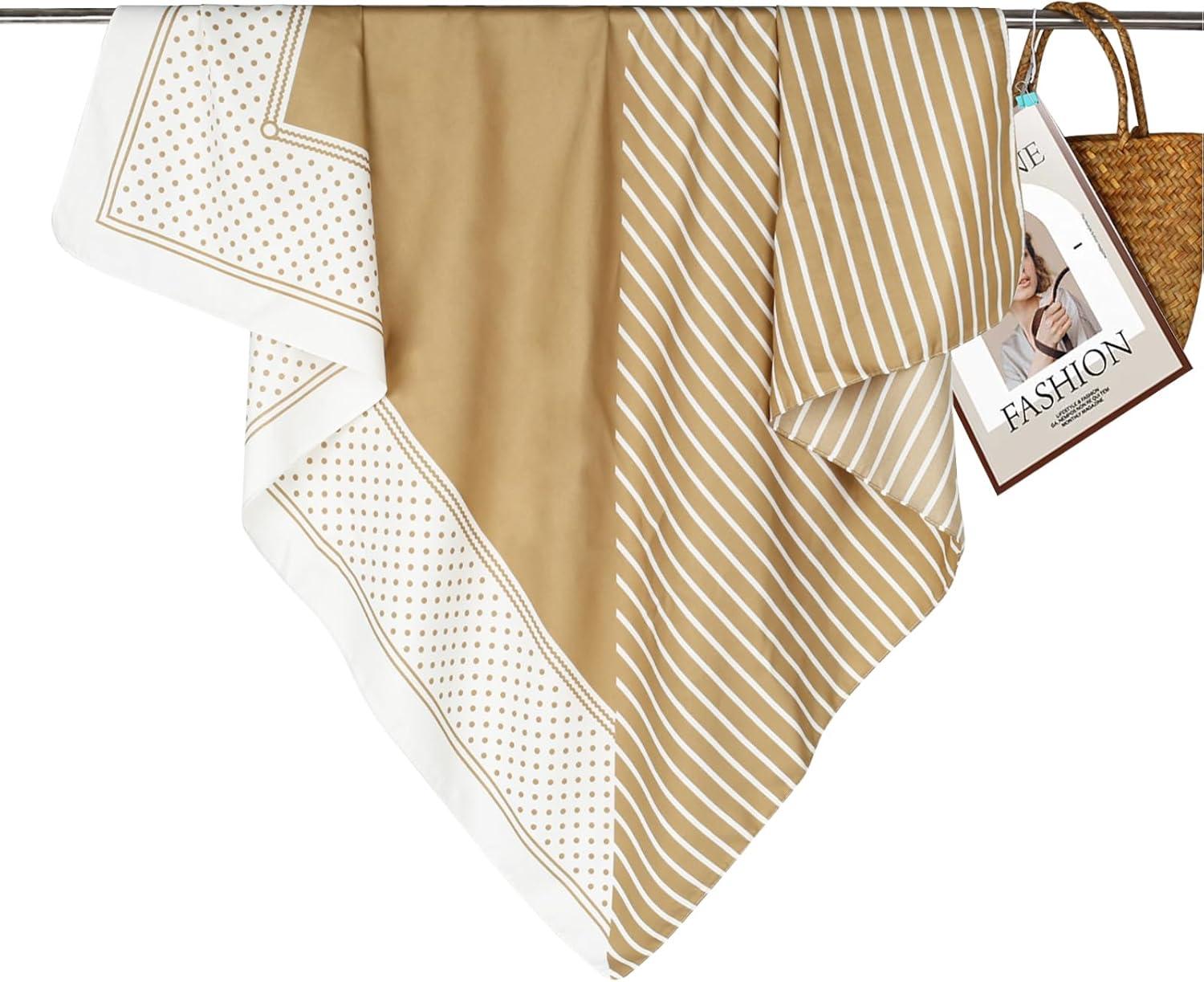 imageEXTREE Womens 35 inch Fashion Headscarf Silk Satin Scarf for Hair Wrapping at Night Bandana Square Scarf for SleepingMikhaki Stripes