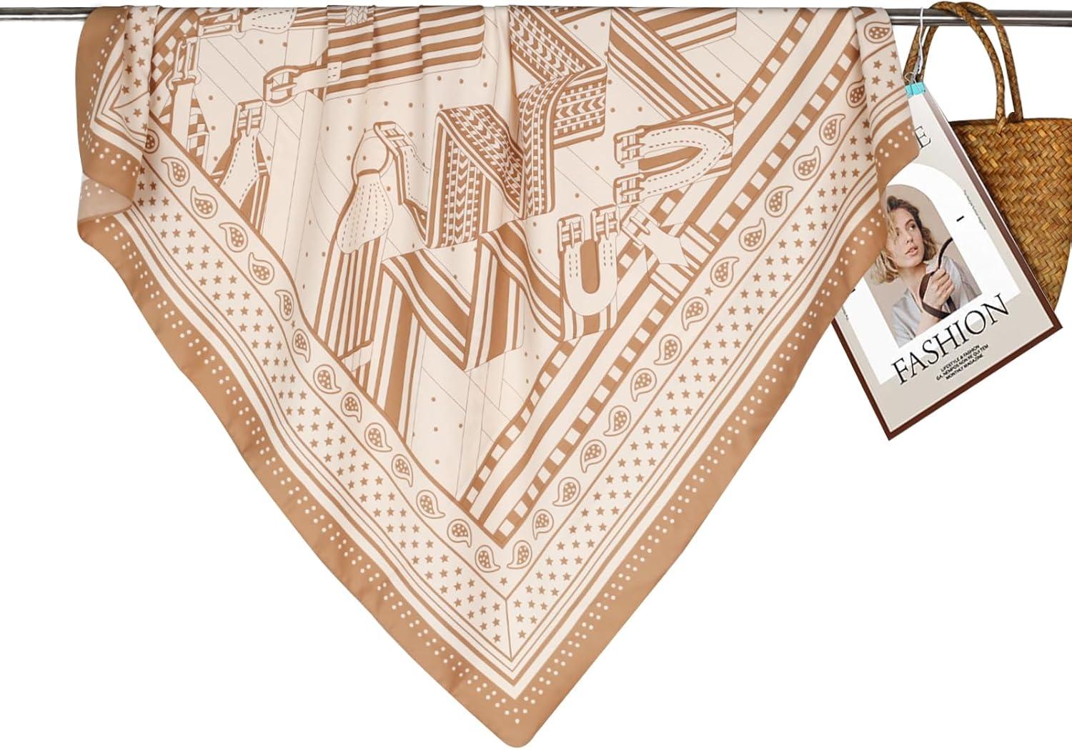 imageEXTREE Womens 35 inch Fashion Headscarf Silk Satin Scarf for Hair Wrapping at Night Bandana Square Scarf for SleepingMilk Yellow Rice