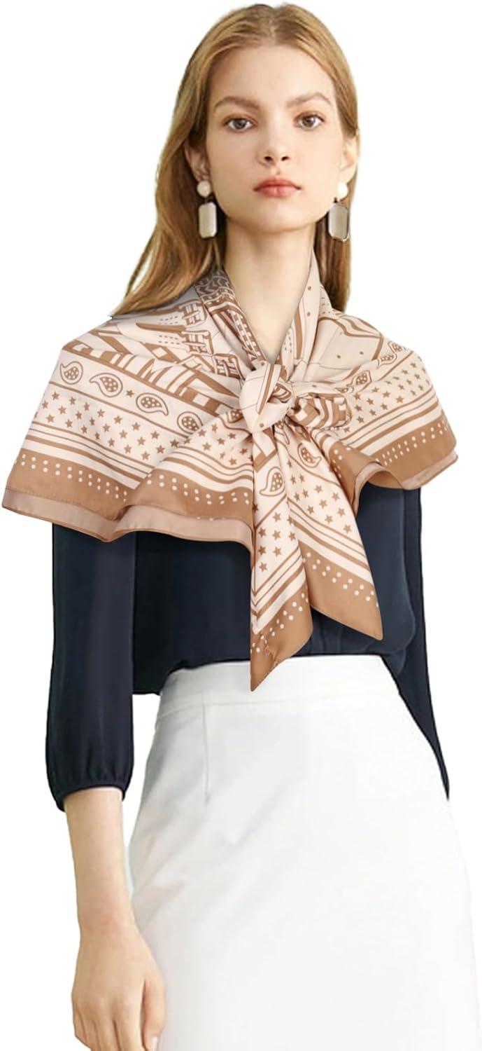 imageEXTREE Womens 35 inch Fashion Headscarf Silk Satin Scarf for Hair Wrapping at Night Bandana Square Scarf for SleepingMilk Yellow Rice