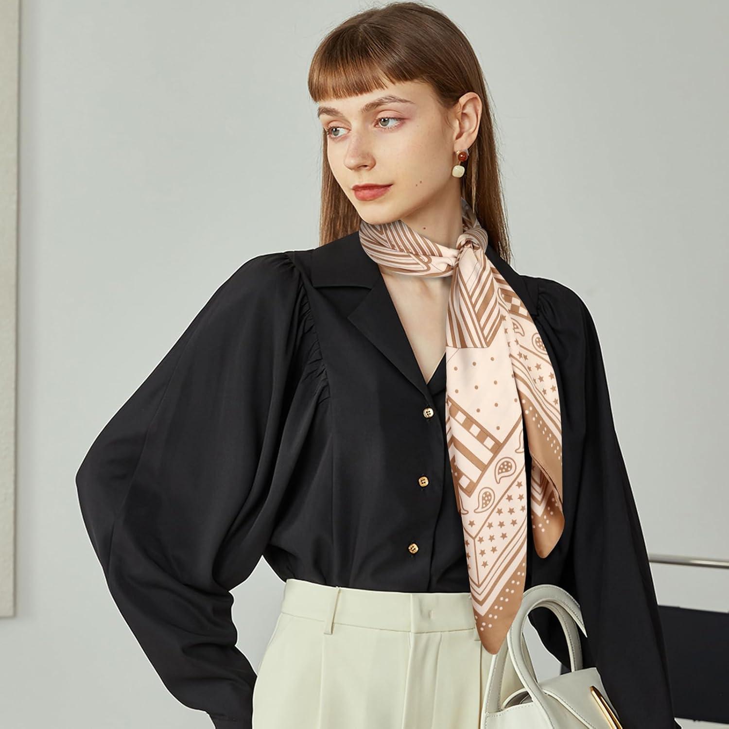 imageEXTREE Womens 35 inch Fashion Headscarf Silk Satin Scarf for Hair Wrapping at Night Bandana Square Scarf for SleepingMilk Yellow Rice