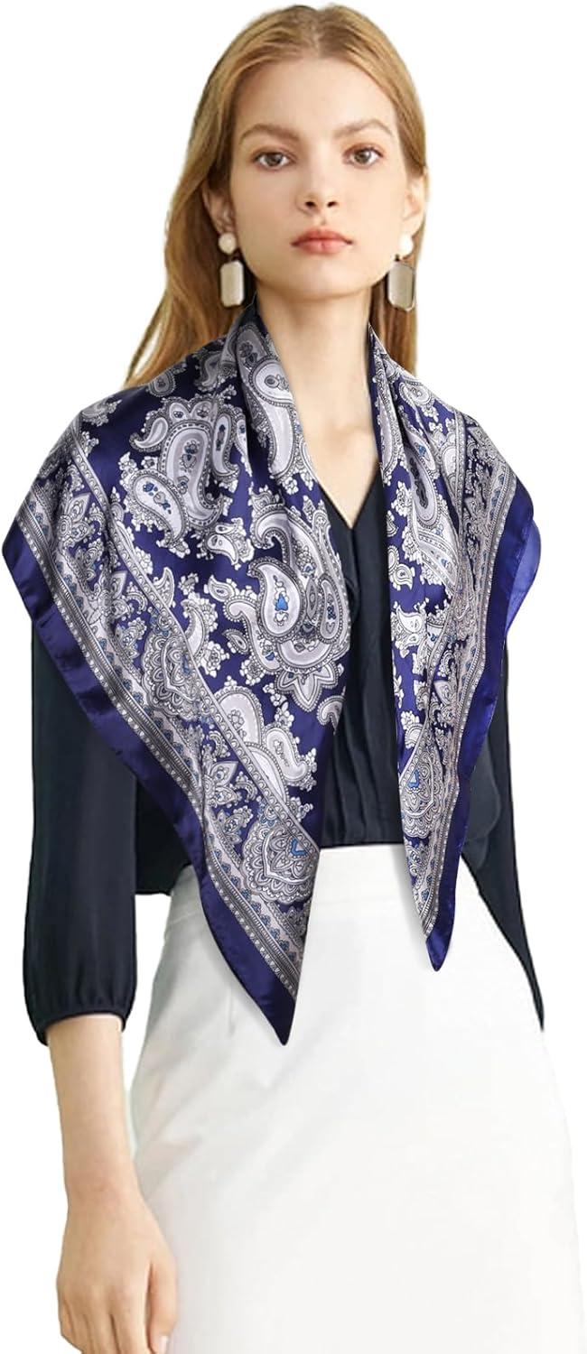 imageEXTREE Womens 35 inch Fashion Headscarf Silk Satin Scarf for Hair Wrapping at Night Bandana Square Scarf for SleepingNavy