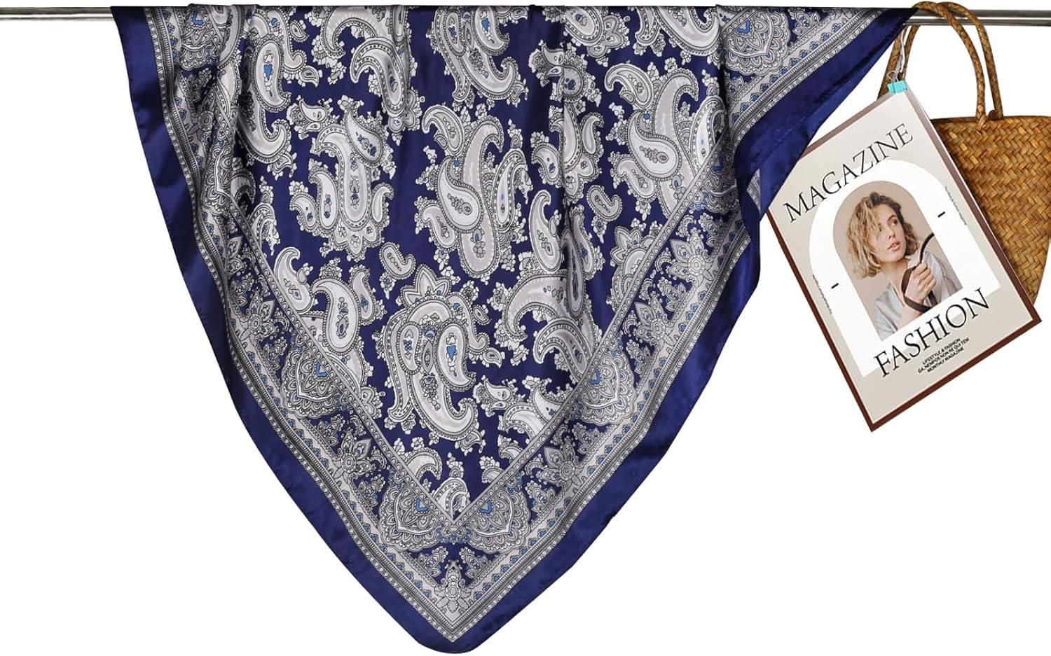 imageEXTREE Womens 35 inch Fashion Headscarf Silk Satin Scarf for Hair Wrapping at Night Bandana Square Scarf for SleepingNavy