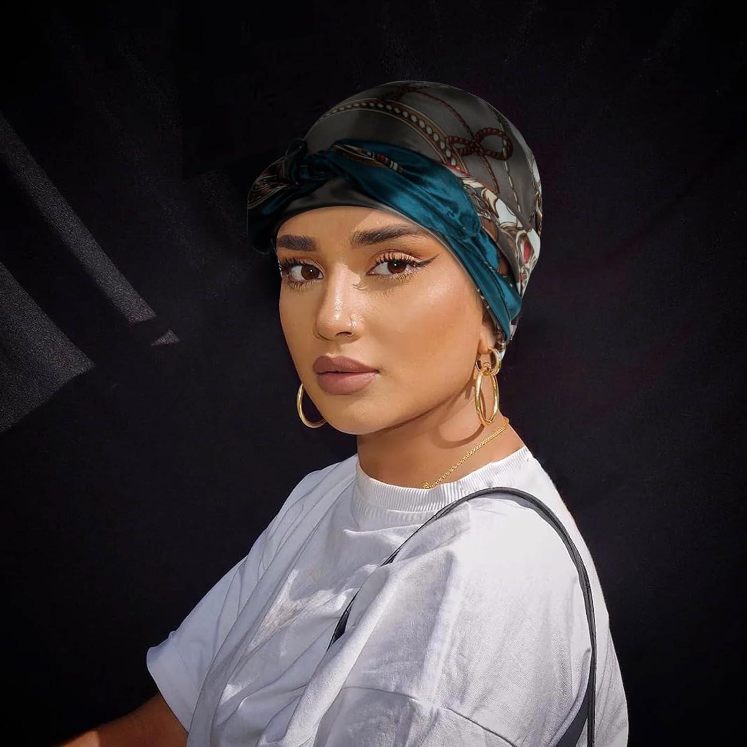 imageEXTREE Womens 35 inch Fashion Headscarf Silk Satin Scarf for Hair Wrapping at Night Bandana Square Scarf for SleepingNavy Blue Chain Cyan