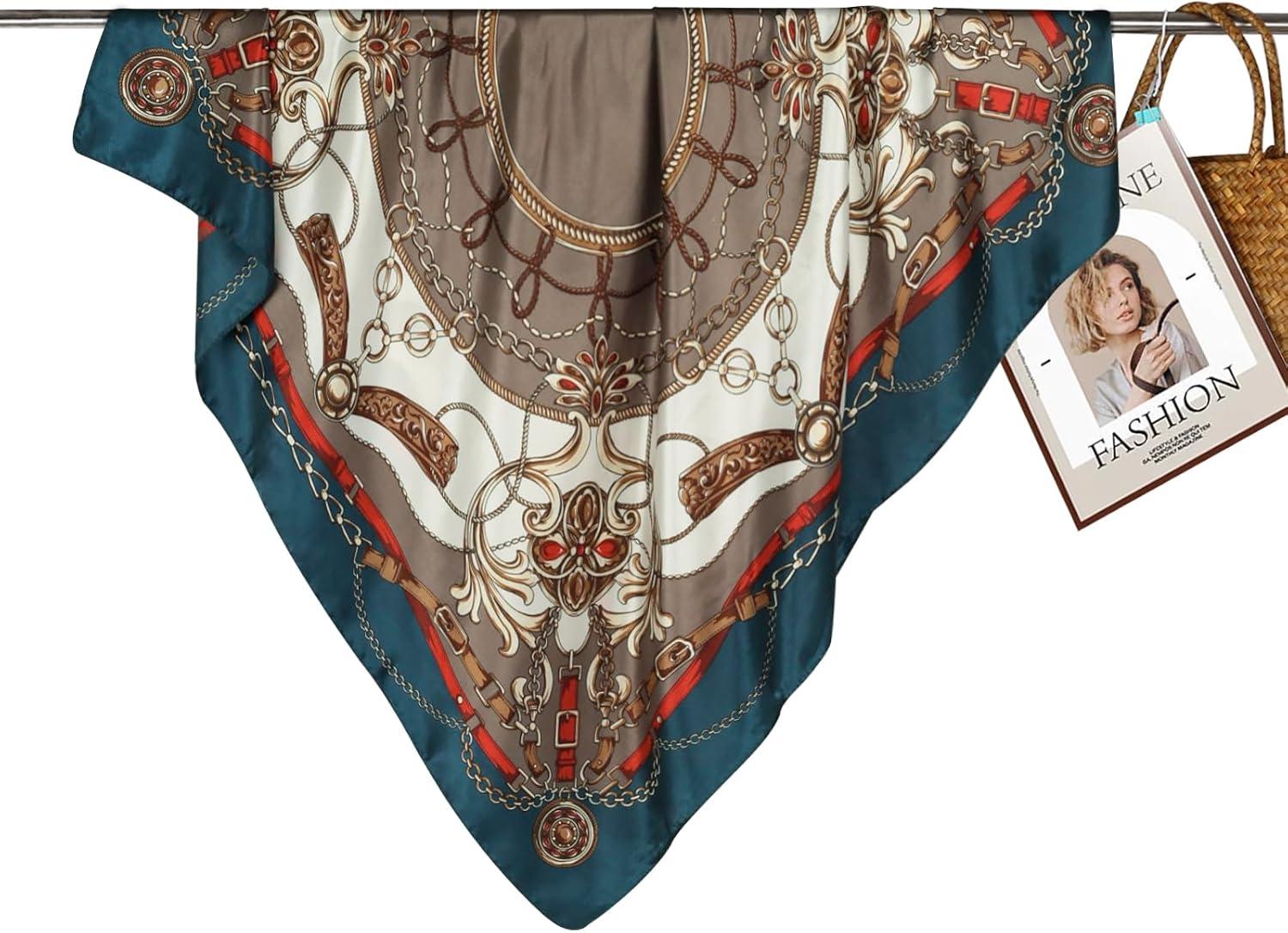 imageEXTREE Womens 35 inch Fashion Headscarf Silk Satin Scarf for Hair Wrapping at Night Bandana Square Scarf for SleepingNavy Blue Chain Cyan