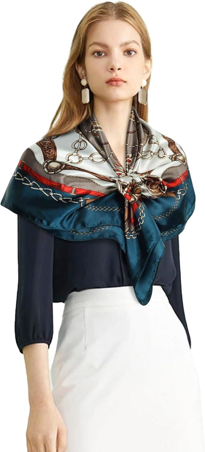 imageEXTREE Womens 35 inch Fashion Headscarf Silk Satin Scarf for Hair Wrapping at Night Bandana Square Scarf for SleepingNavy Blue Chain Cyan