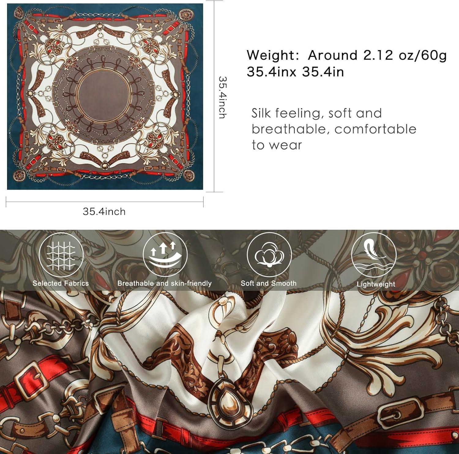 imageEXTREE Womens 35 inch Fashion Headscarf Silk Satin Scarf for Hair Wrapping at Night Bandana Square Scarf for SleepingNavy Blue Chain Cyan