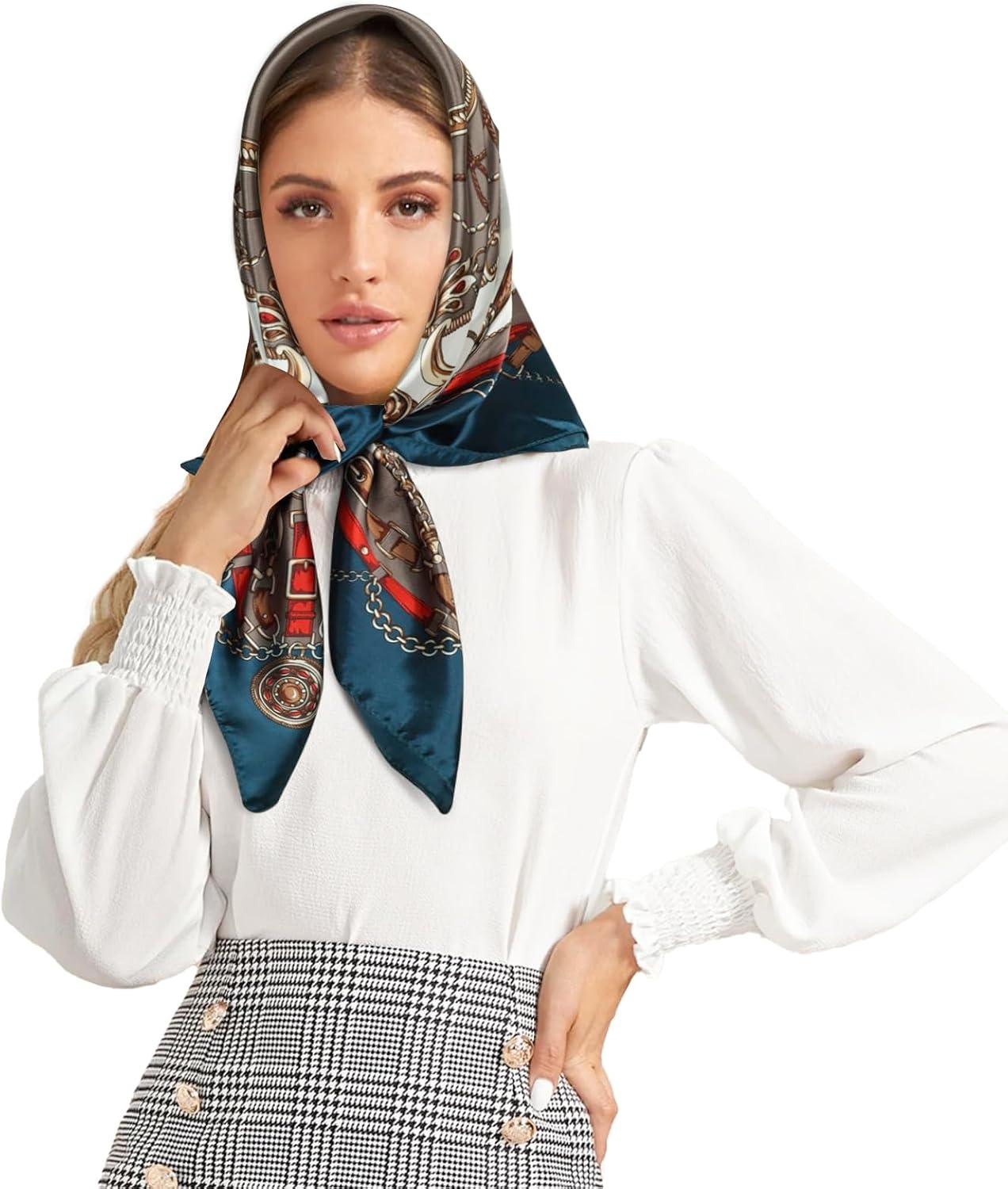 imageEXTREE Womens 35 inch Fashion Headscarf Silk Satin Scarf for Hair Wrapping at Night Bandana Square Scarf for SleepingNavy Blue Chain Cyan