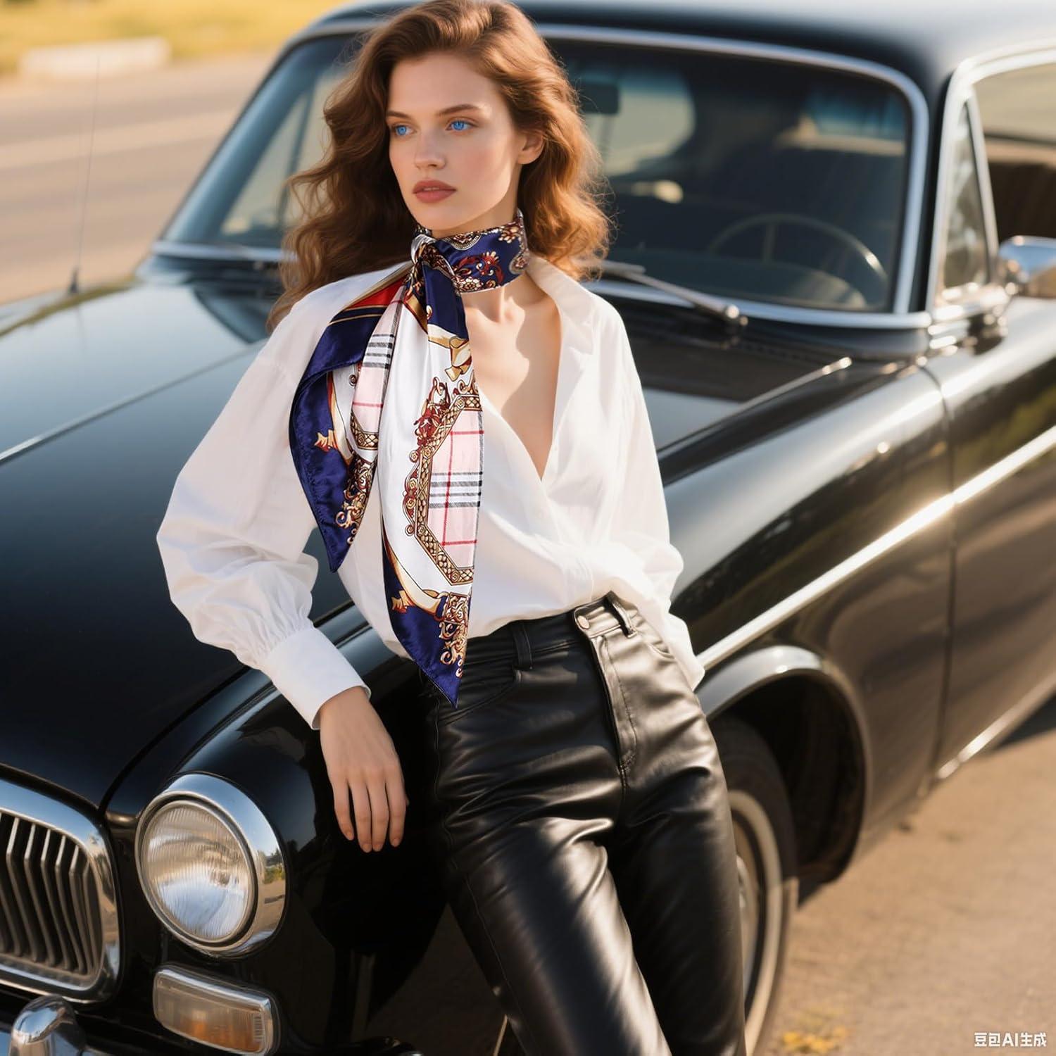 imageEXTREE Womens 35 inch Fashion Headscarf Silk Satin Scarf for Hair Wrapping at Night Bandana Square Scarf for SleepingNavy Blue Plaid Crown