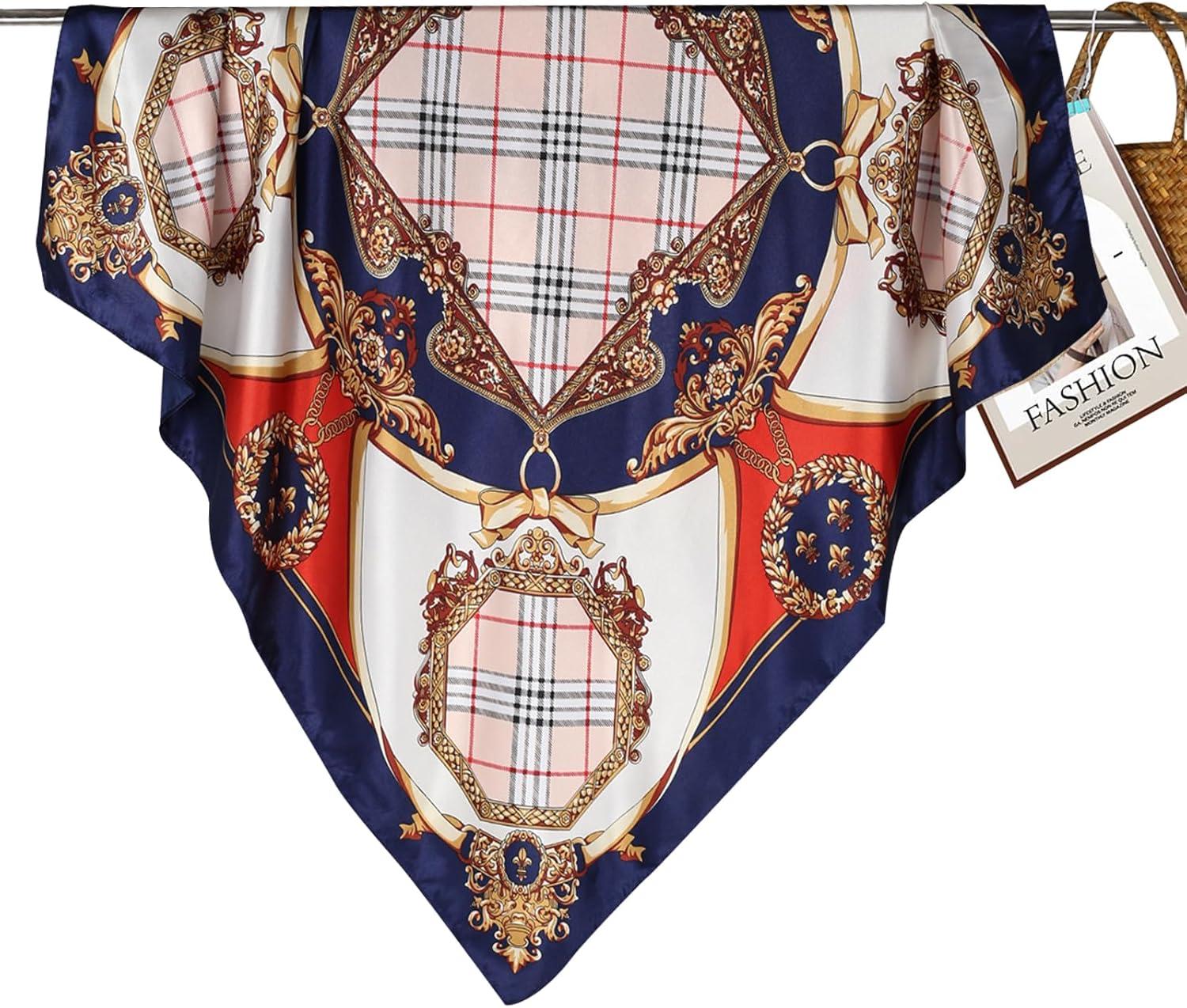 imageEXTREE Womens 35 inch Fashion Headscarf Silk Satin Scarf for Hair Wrapping at Night Bandana Square Scarf for SleepingNavy Blue Plaid Crown