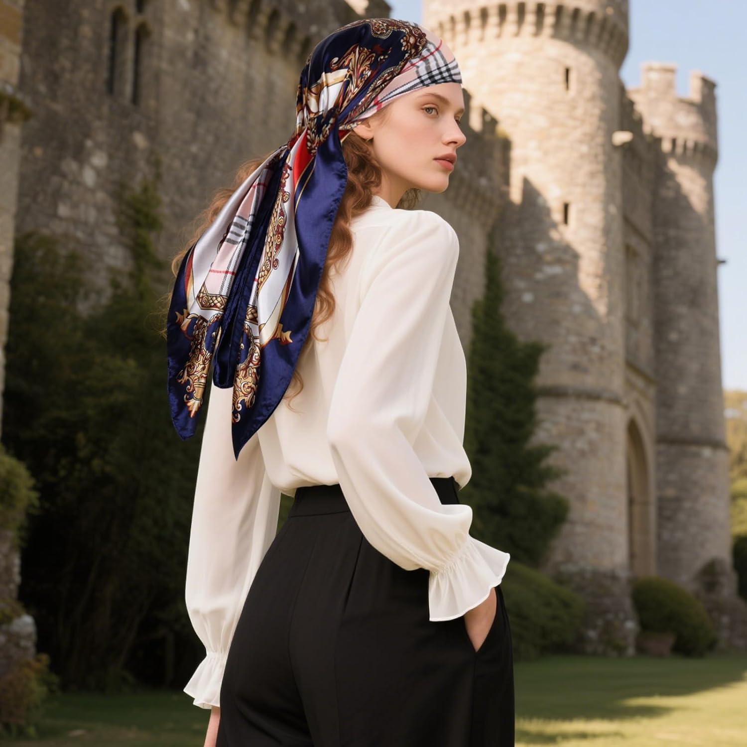 imageEXTREE Womens 35 inch Fashion Headscarf Silk Satin Scarf for Hair Wrapping at Night Bandana Square Scarf for SleepingNavy Blue Plaid Crown