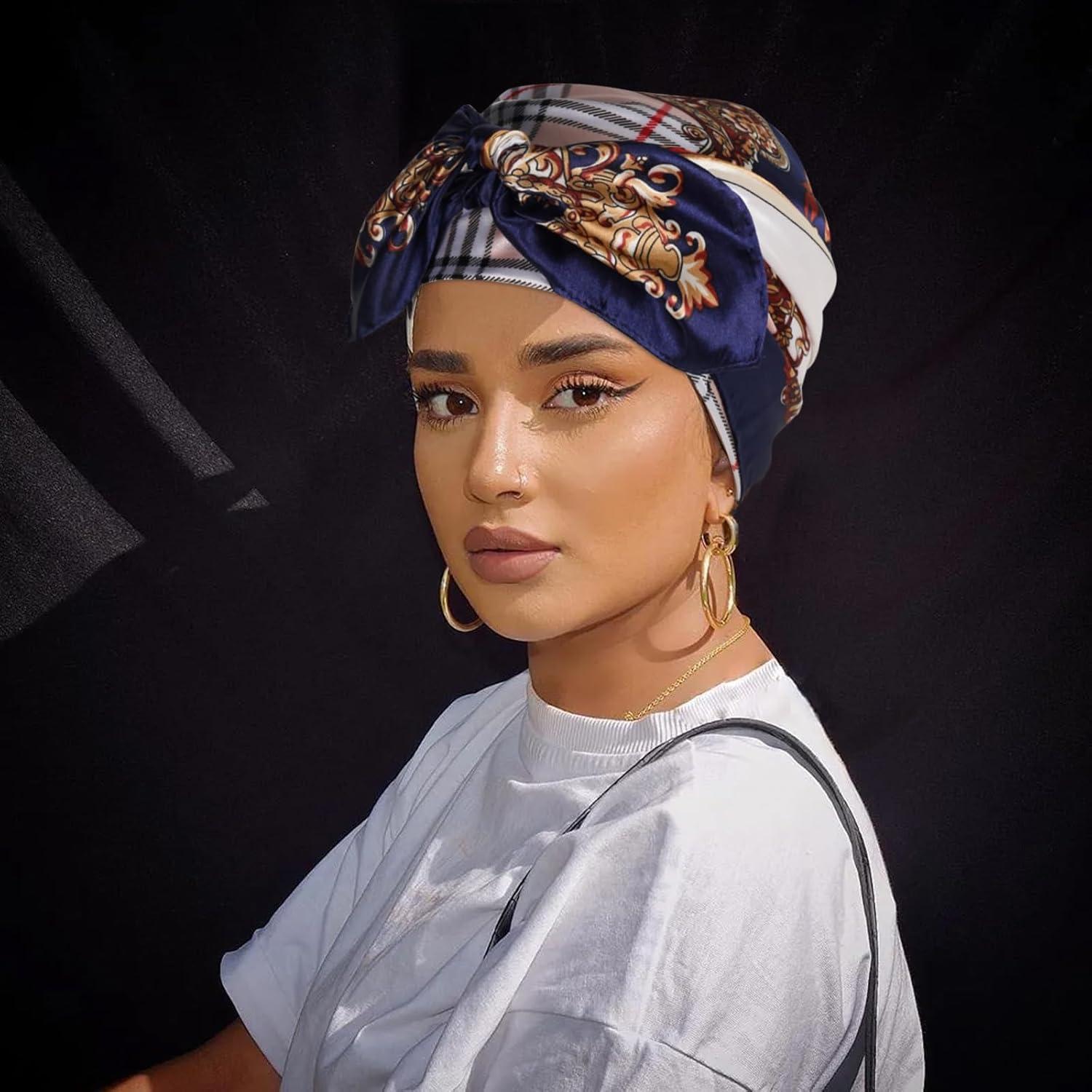 imageEXTREE Womens 35 inch Fashion Headscarf Silk Satin Scarf for Hair Wrapping at Night Bandana Square Scarf for SleepingNavy Blue Plaid Crown