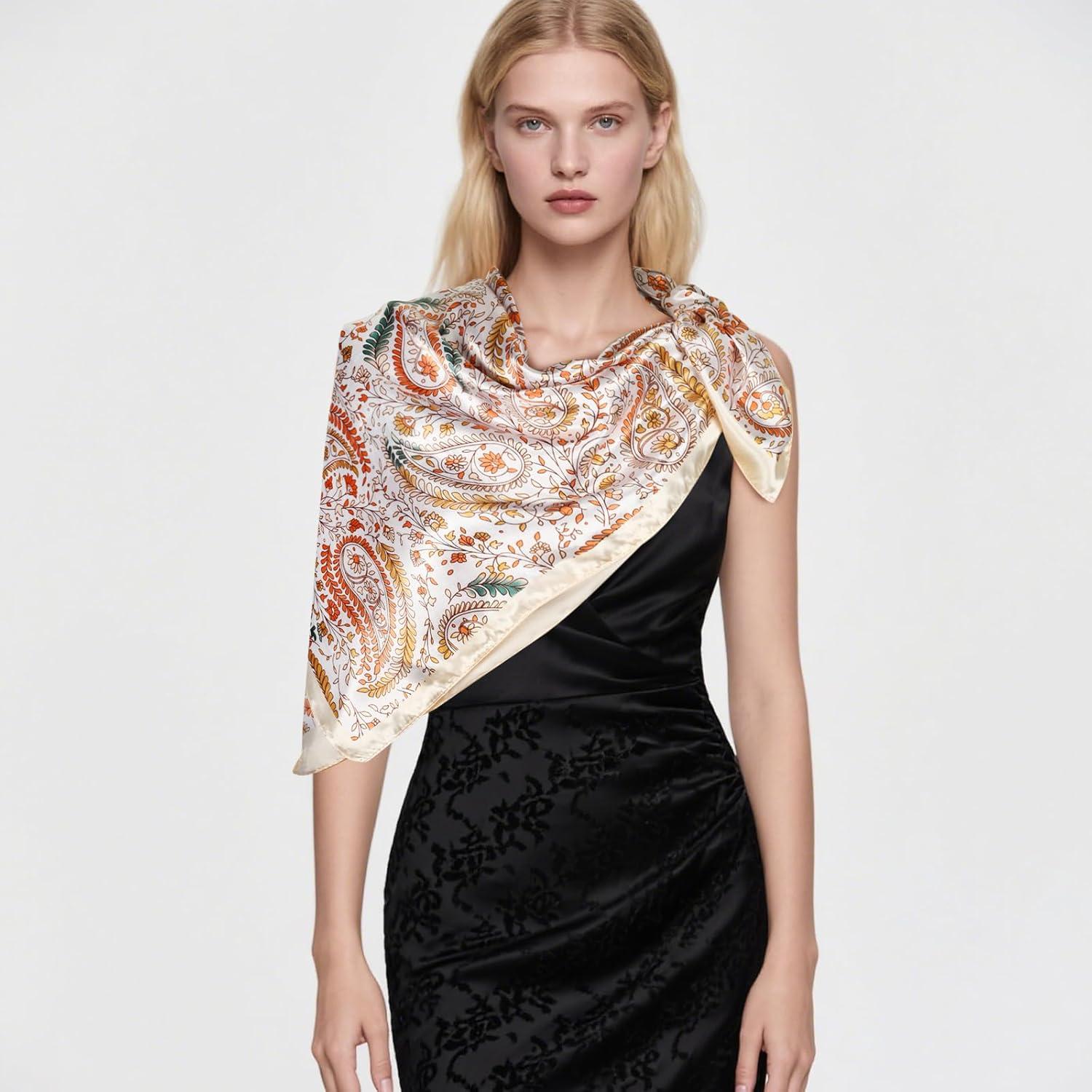 imageEXTREE Womens 35 inch Fashion Headscarf Silk Satin Scarf for Hair Wrapping at Night Bandana Square Scarf for SleepingNoble Perlis Pink