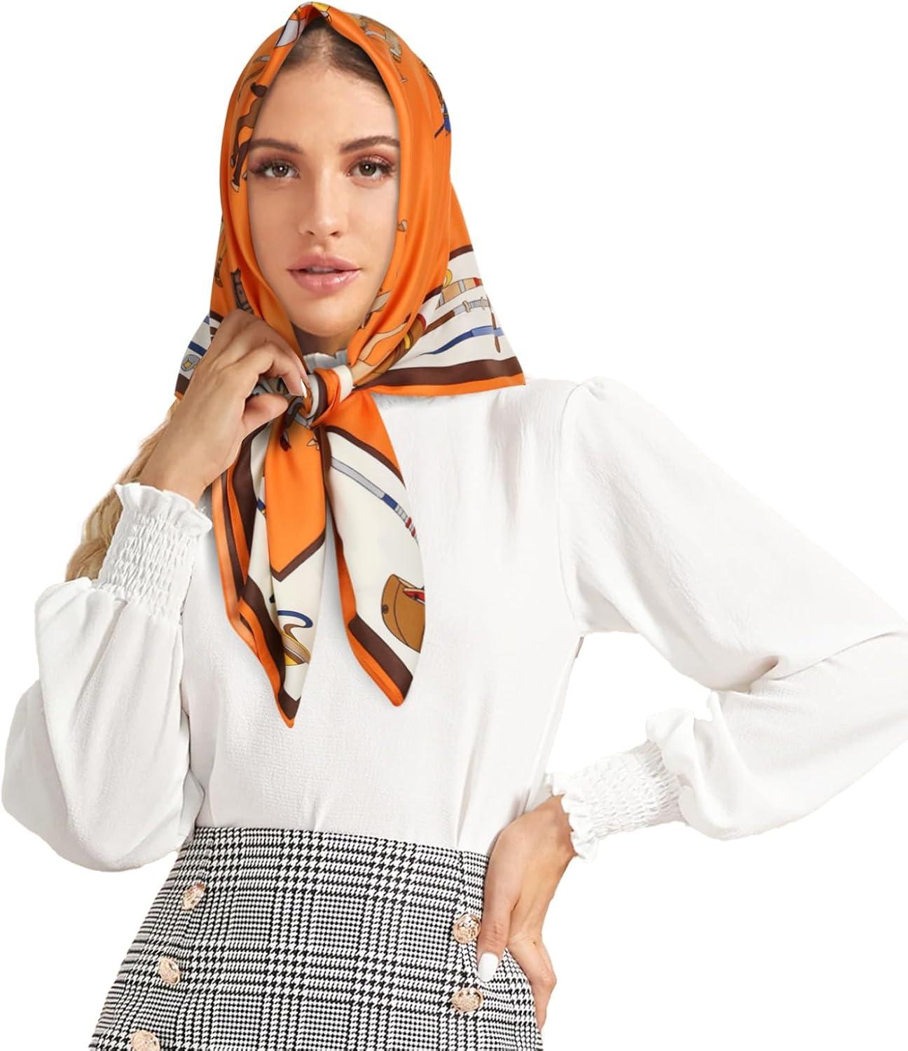 imageEXTREE Womens 35 inch Fashion Headscarf Silk Satin Scarf for Hair Wrapping at Night Bandana Square Scarf for SleepingOrange