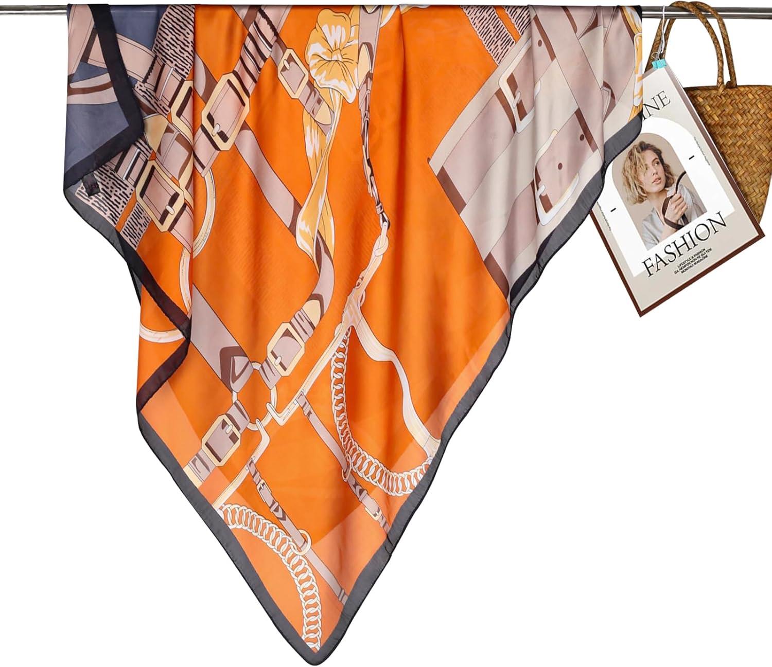 imageEXTREE Womens 35 inch Fashion Headscarf Silk Satin Scarf for Hair Wrapping at Night Bandana Square Scarf for SleepingPikouhua Orange