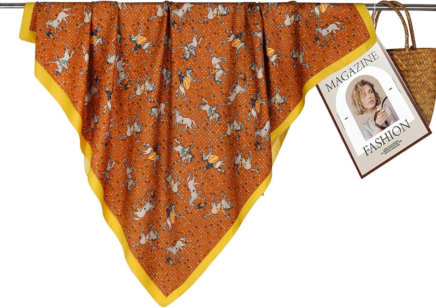 imageEXTREE Womens 35 inch Fashion Headscarf Silk Satin Scarf for Hair Wrapping at Night Bandana Square Scarf for SleepingPony Orange With Yellow Edges