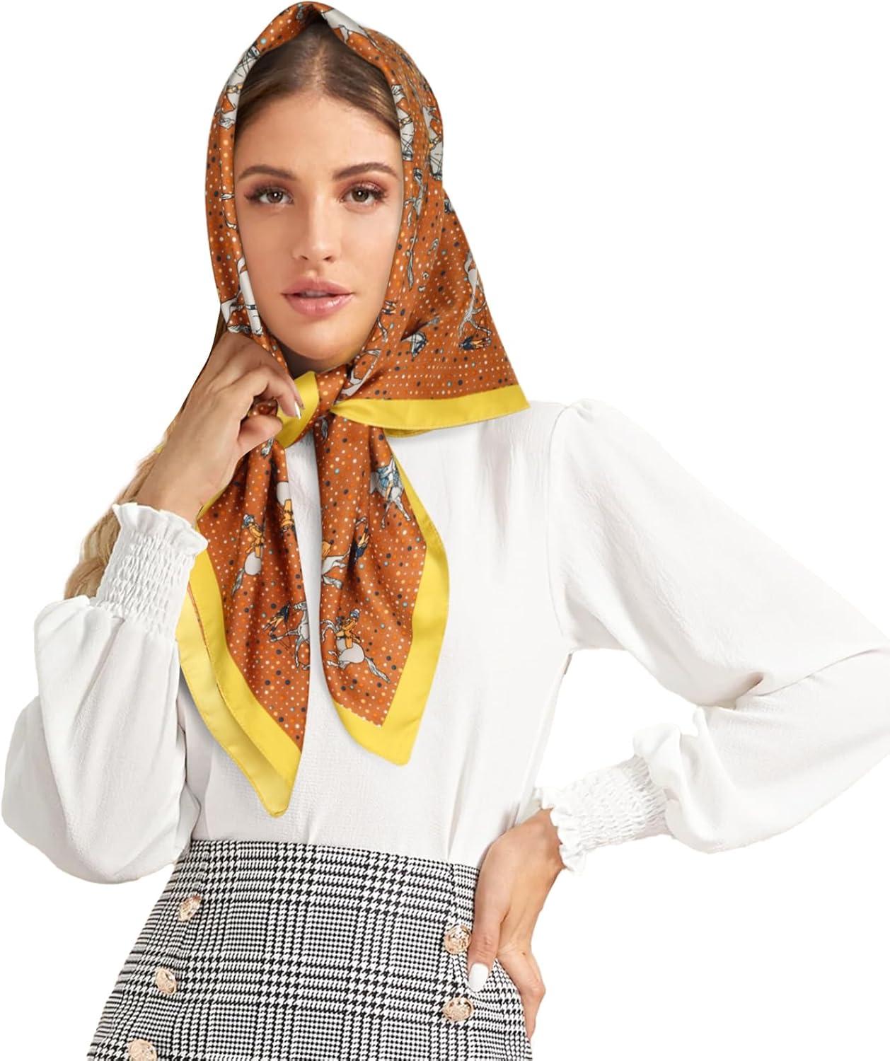 imageEXTREE Womens 35 inch Fashion Headscarf Silk Satin Scarf for Hair Wrapping at Night Bandana Square Scarf for SleepingPony Orange With Yellow Edges