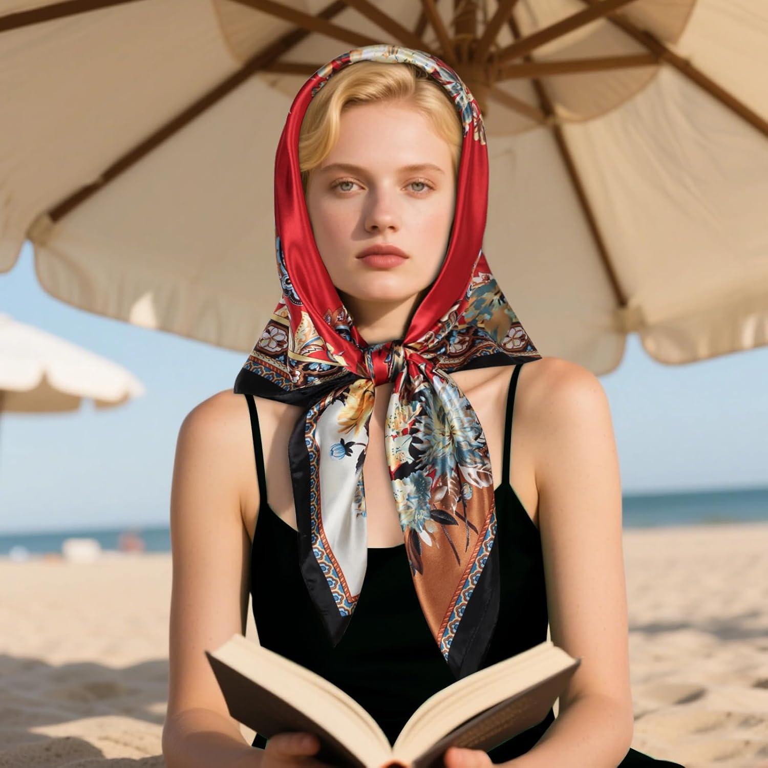 imageEXTREE Womens 35 inch Fashion Headscarf Silk Satin Scarf for Hair Wrapping at Night Bandana Square Scarf for SleepingRed