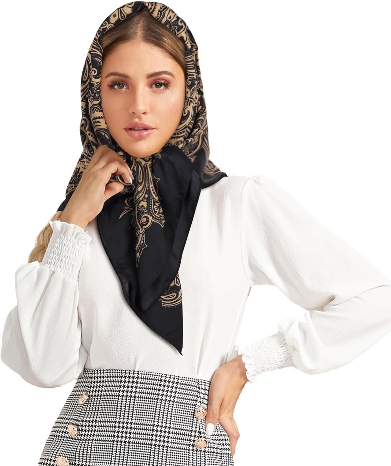 imageEXTREE Womens 35 inch Fashion Headscarf Silk Satin Scarf for Hair Wrapping at Night Bandana Square Scarf for SleepingRetro Pattern Black and Gold