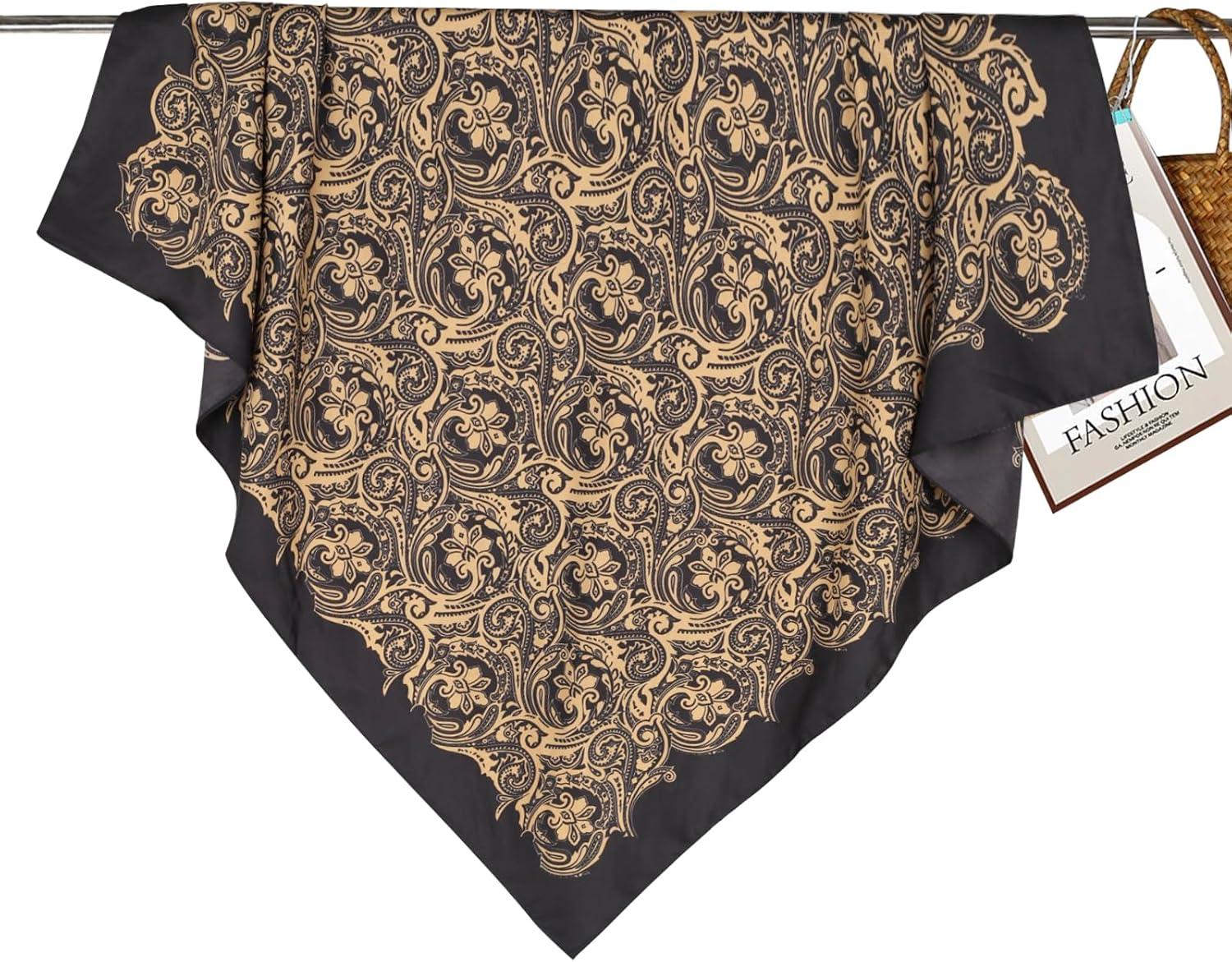 imageEXTREE Womens 35 inch Fashion Headscarf Silk Satin Scarf for Hair Wrapping at Night Bandana Square Scarf for SleepingRetro Pattern Black and Gold