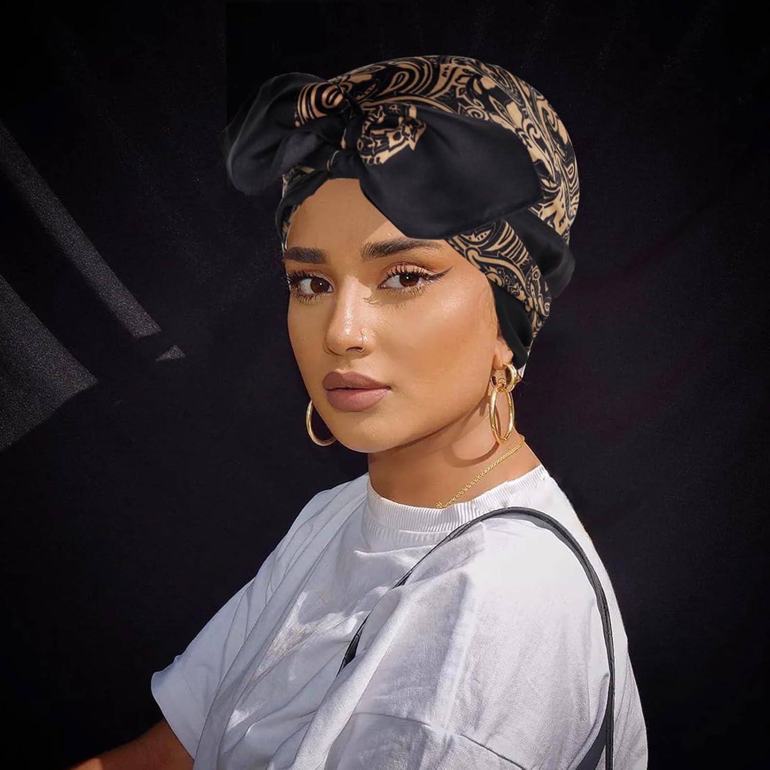 imageEXTREE Womens 35 inch Fashion Headscarf Silk Satin Scarf for Hair Wrapping at Night Bandana Square Scarf for SleepingRetro Pattern Black and Gold